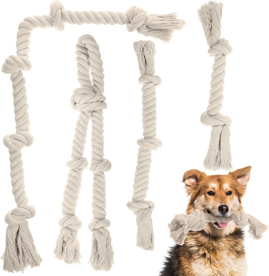 4 Pcs Natural Cotton Rope Dog Toys White Tough Dog Rope Toy for Aggressive Chewers Interactive Knot Dog Toys for Large Dog Tug of War Dog Toy Heavy Duty Pet Supplies for Teeth Cleaning