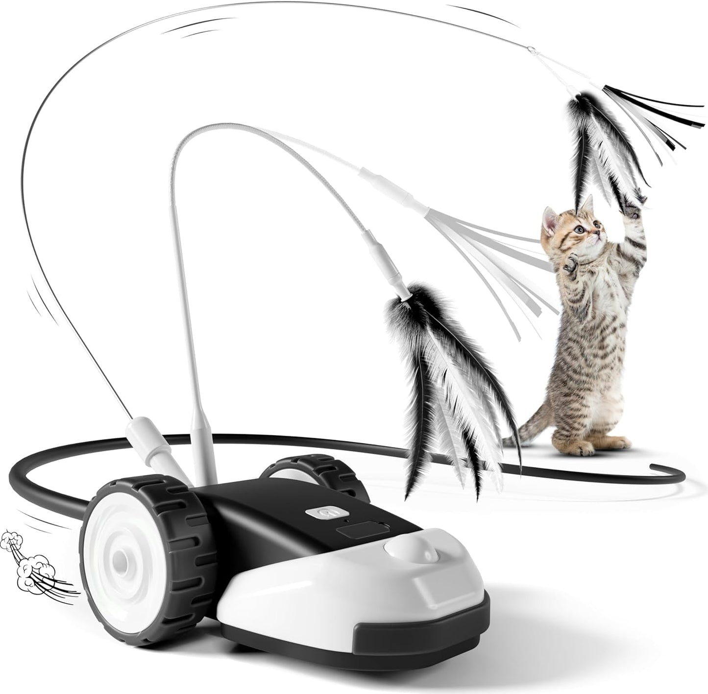 3-In-1 Interactive Cat Toy - 2-Speed Automatic Moving Mouse Cat Toys Self Play with 2Pcs Hanging Feather String Ribbon and Wiggly Silicone Mice Tail for Bored Indoor Adult Cats Kittens