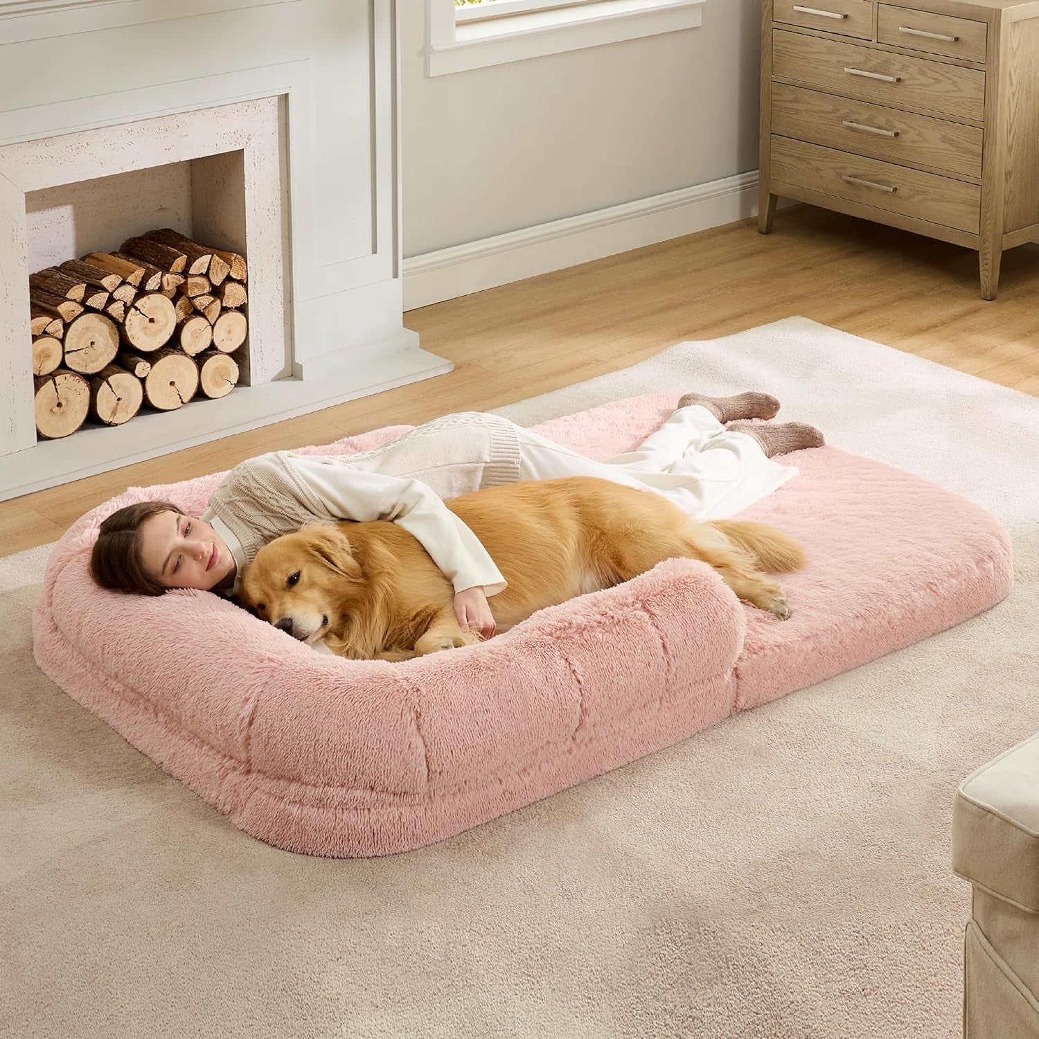 Bedsure Foldable Human Dog Bed for People Adults, 2 in 1 Calming Human Size Giant Dog Bed Fits Pet Families with Egg Foam Supportive Mat and Waterproof Liner, Faux Fur Orthopedic Dog Sofa, Camel