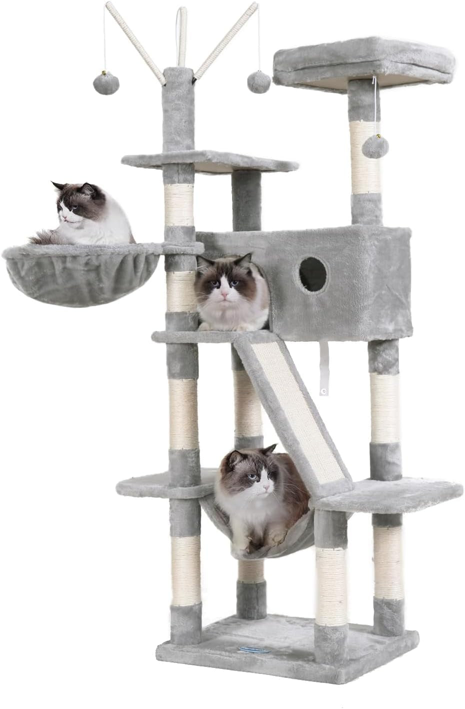 Hey-Brother Cat Tree, 53 Inch Cat Tower for Indoor Cats, Cat House with Padded Platform Bed, Toy Balls, Large Cozy Condo, Hammocks and Sisal Scratching Posts, Light Gray MPJ019-SW