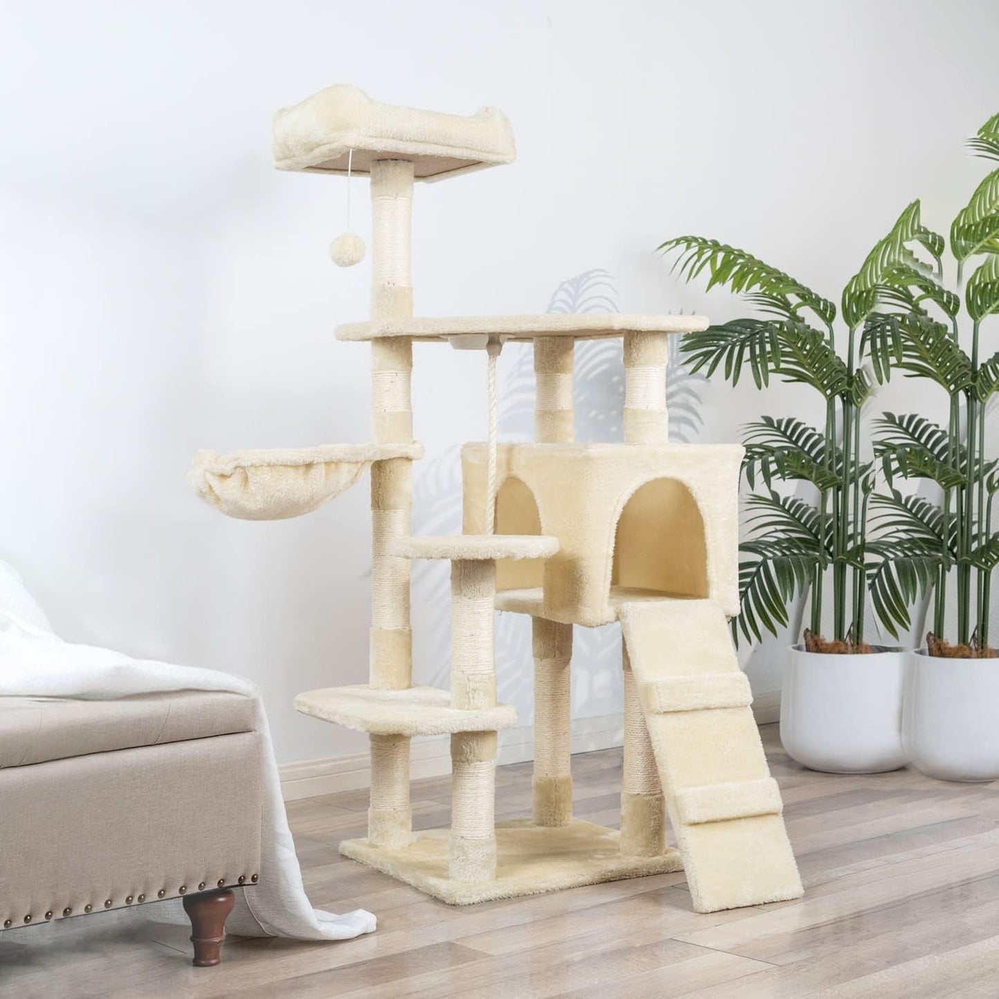 Hawsaiy Multi Level 51 Inch Cat Tree Tower for Indoor Cat with Cat Condo, Scratching Sisal Posts,Hammock, Ladder and Feeding Bowl Beige