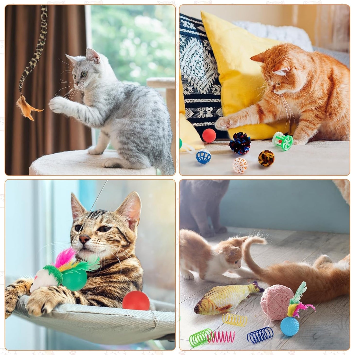 100 Pcs Cat Toys Set Interactive Cat Kitten Toys Include 40 Cat Mouse Toys 37 Assorted Cat Toy Balls 16 Spring Toys 2 Spring Hose Cat Teaser Wand Fish Toy Play Tunnel 2 Edible Catnip Ball