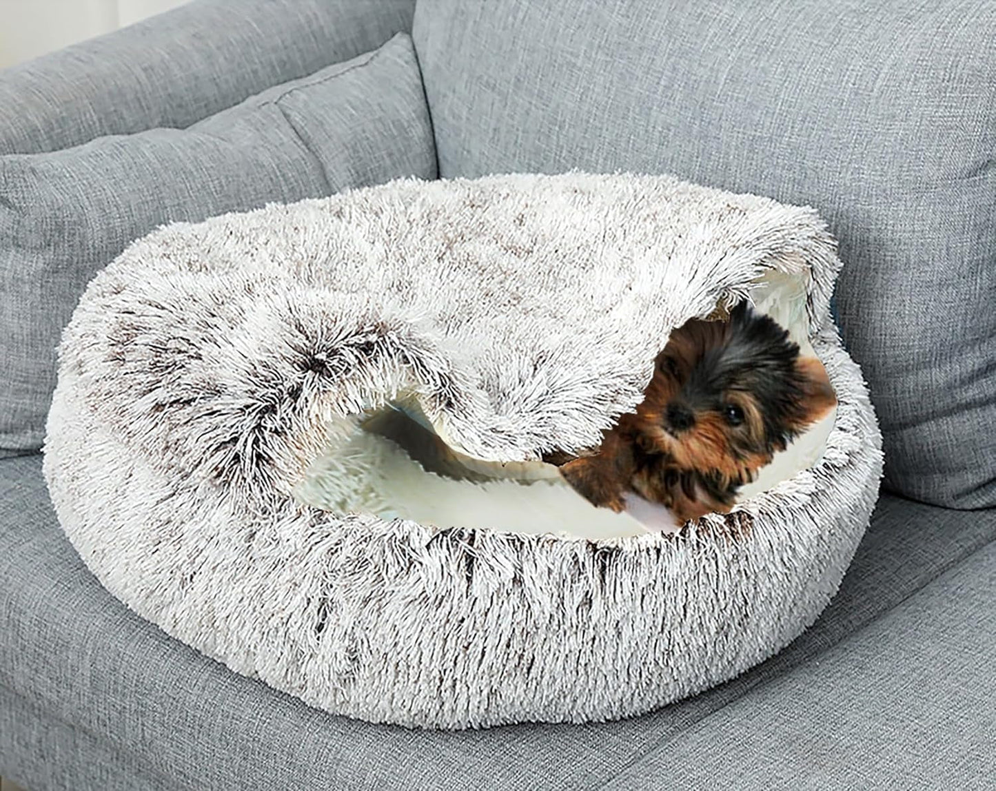 Dog Cave Bed for Small Dogs Cats Pets, anti Anxiety Calming Plush Dog Beds, Fluffy Covered Hooded Cozy Burrow Puppy Beds, Anti-Slip Bottom Washable Pet Sleeping Bag (20" D, Coffee)