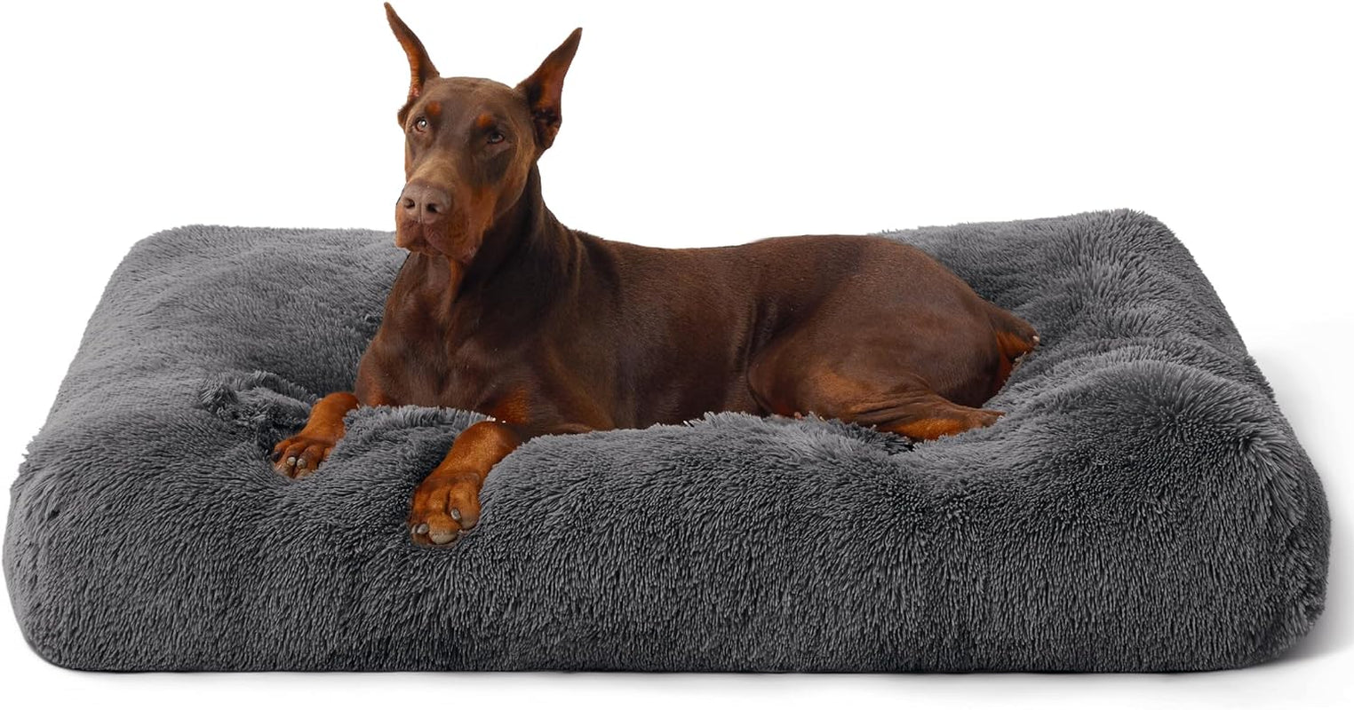 Bedsure Large Dog Bed Washable, Plush Calming Dog Crate Beds for Large Breed, Fulffy Dogs Sleeping Mat, Anti-Slip Pet Kennel Pad, 35" X 23", Dark Grey