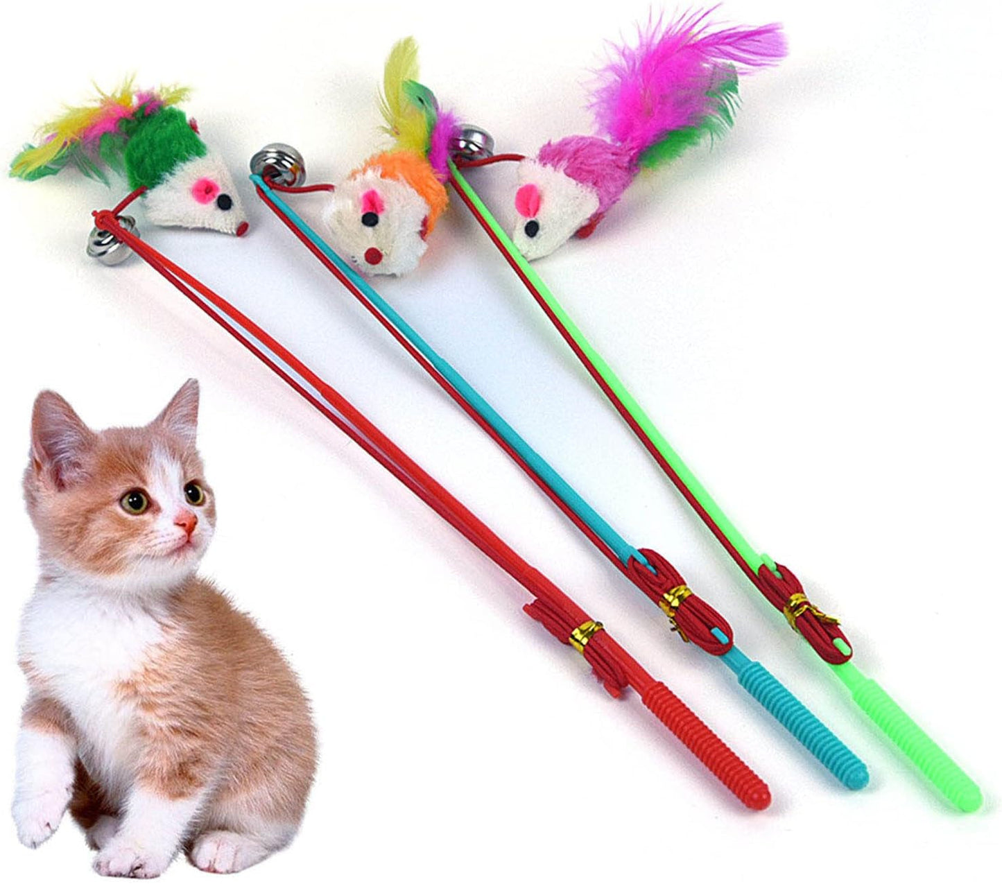 3 Pcs Interactive Toy with Colorful Fake Mouse Feather Wand Teaser Toy Exercise Supplies Interactive Toy for Indoor Adult Cats Kitten Exercise Replacement