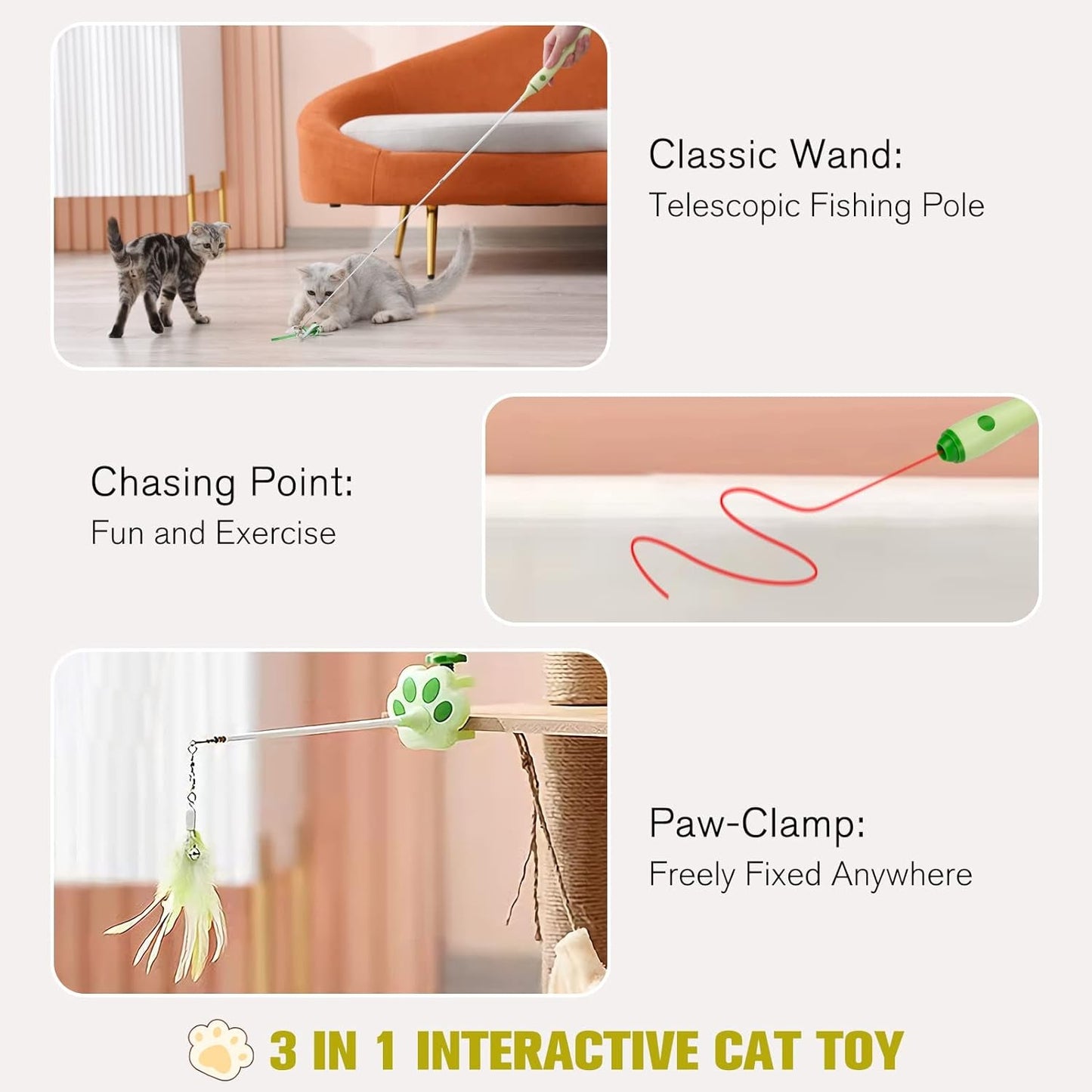 3-In-1 Retractable Cat Wand Toy for Indoor Cats Interactive Cat Feather Toys