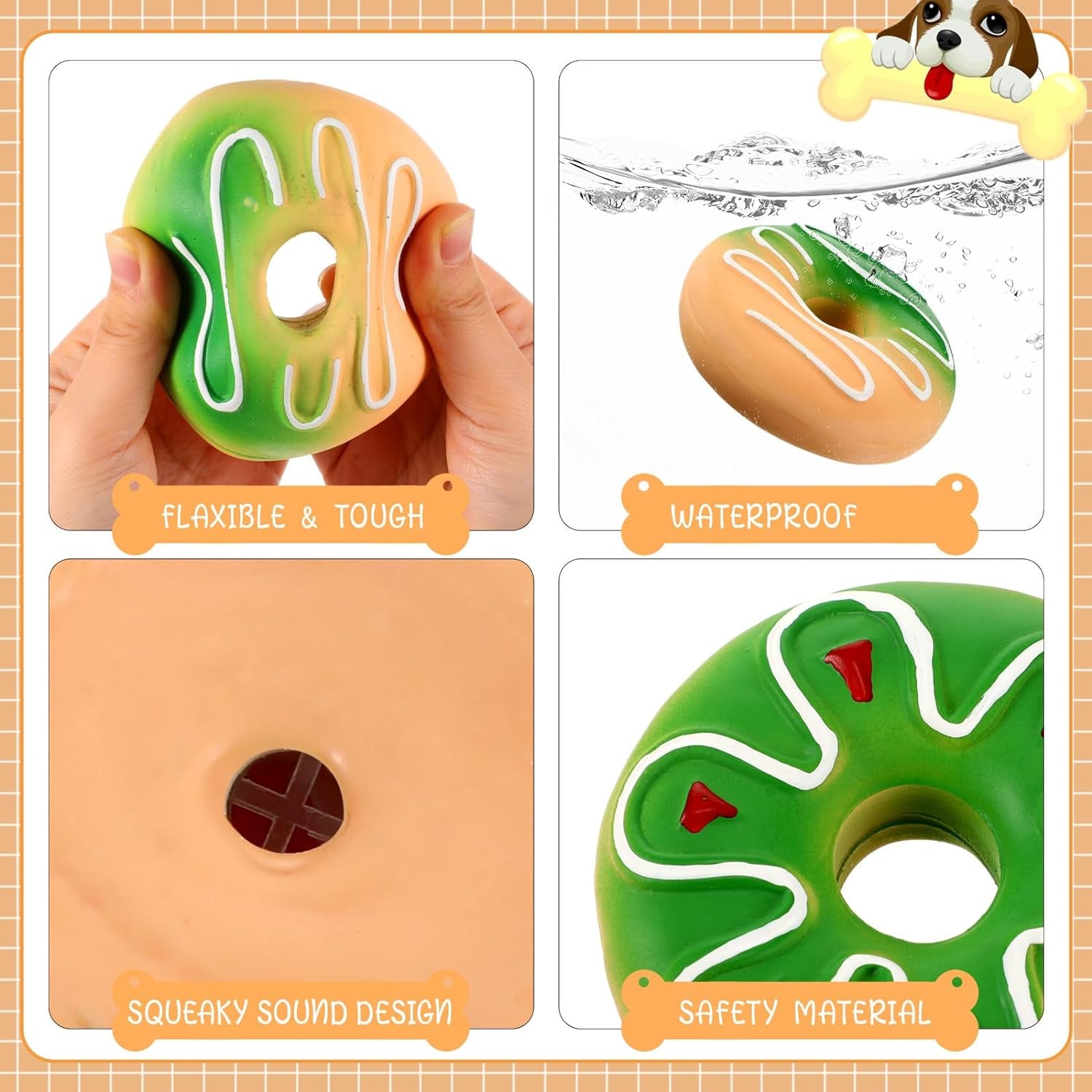 4 Pcs Latex Dog Toys Squeakers Food Puppy Toys for Aggressive Chew Ice Cream Hot Dog Donut Dog Toys for Small Medium Large Dogs Interactive Play Dog Birthday Party