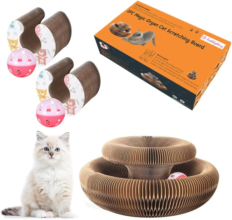 2PC Magic Organ Cat Scratching Board, Cat Toys, Interactive Scratch Pad Cat Toy with Toy Bell Ball, Stretchy Cat Accordion Toy for Kitty & Cat Lovers Gifts (2 Pack)