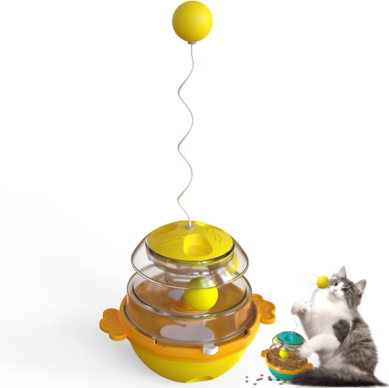 2-In-1 Cat Treat Puzzle with Balls, Indoor Cat Treat Dispenser Toy, Interactive Feeder Ball Toy, Cat Treats Temptations, Tumbler Brain Stimulating Puzzle Feeder, for Cats (Yellow)