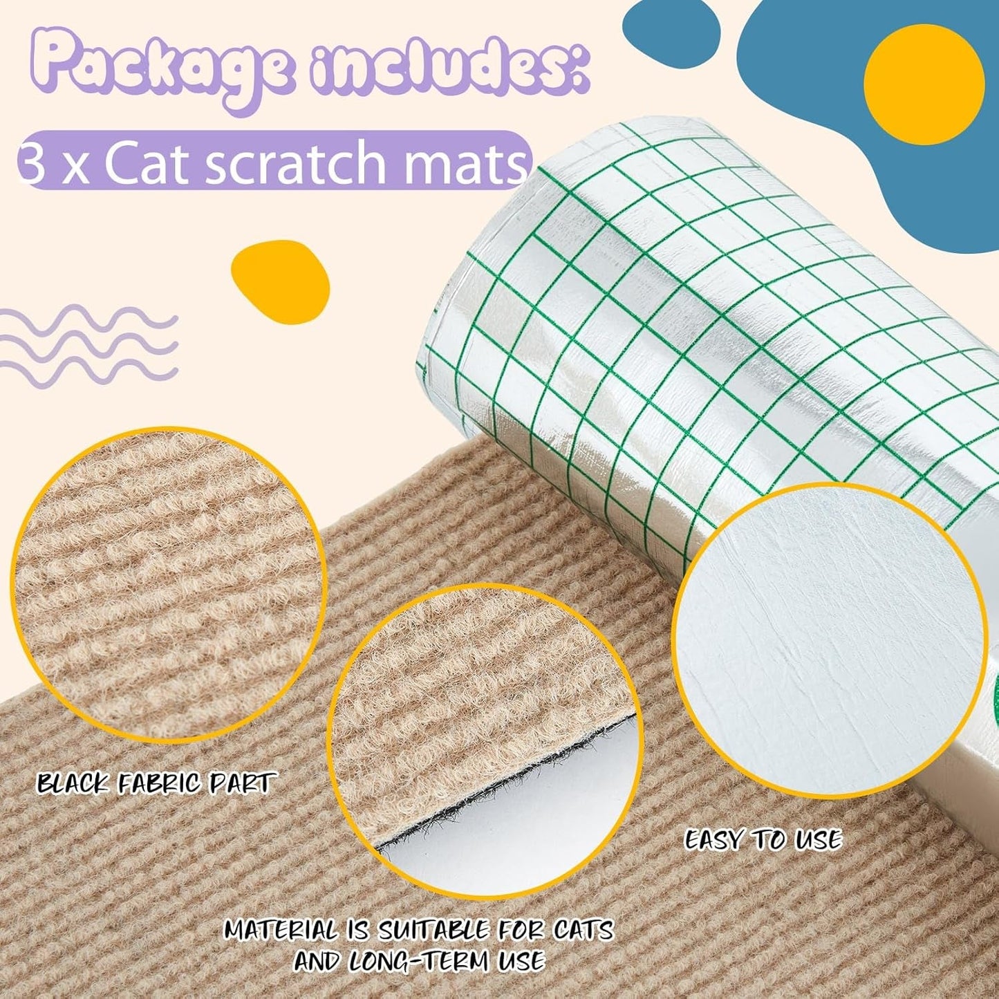 3 Pcs Cat Scratch Mat 11.8 X 23.6 Inches Cat Scratching Post Carpet Cover Adhesive Replacement Cat Scratch Pad Wall Cat Scratcher Cat Carpet Protector for Couch Furniture Corner Cat Tree