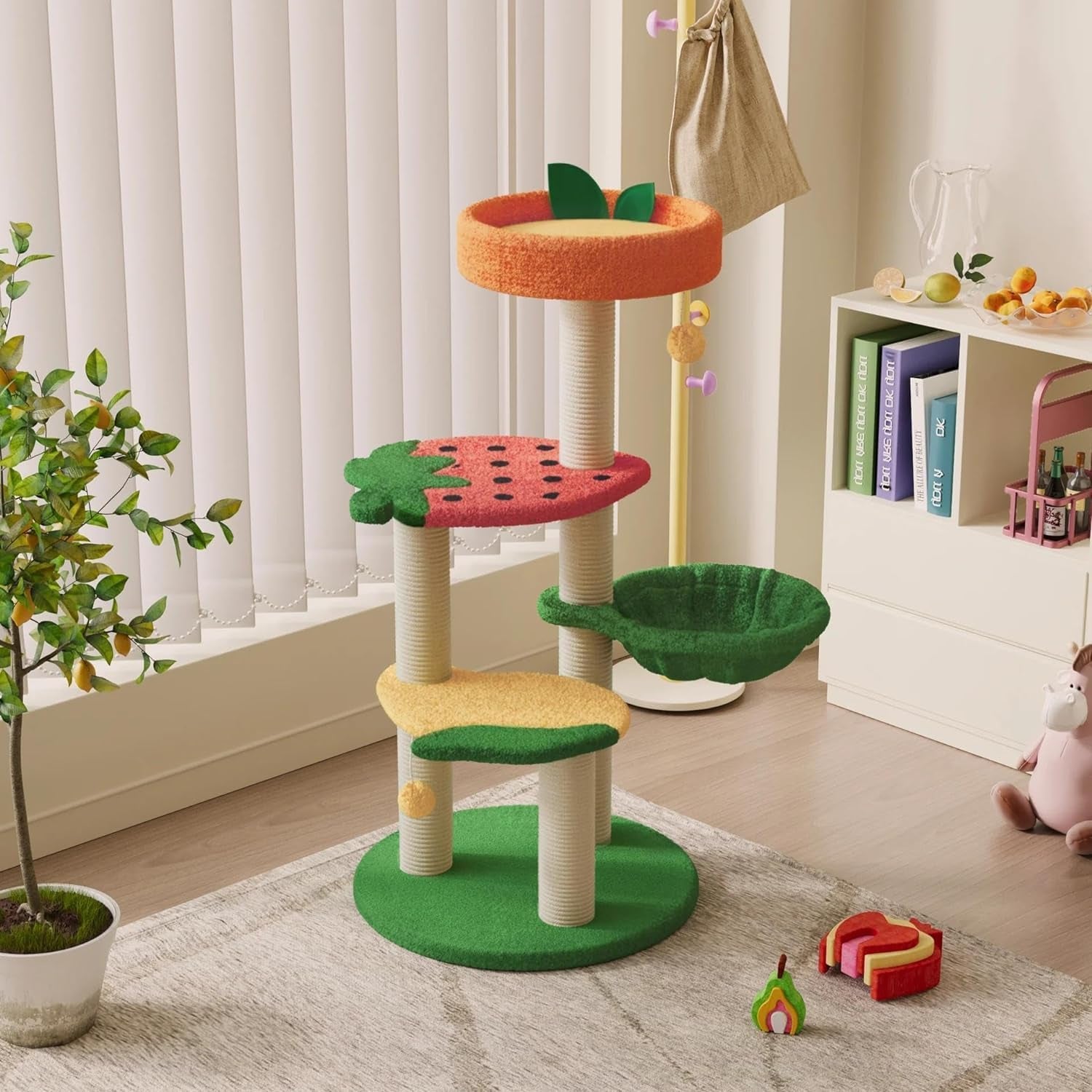 Happy & Polly Cute Cat Tree - Fruit World Cat Tower for Indoor Cats, 40.5" Cat Tree with Sisal Scratching Posts, Plush Strawberry Perches, Cozy Basket Kitten Cat Tree Tower Activity Center