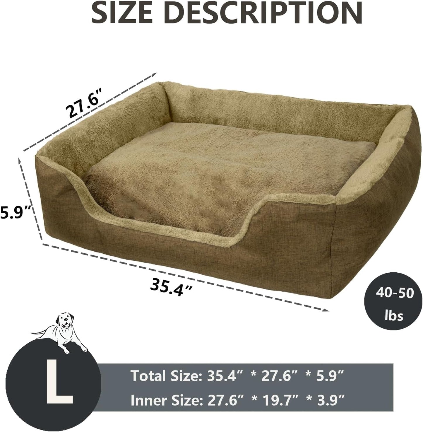 Dtxdtech Dog Beds for Large Dogs,35.4'' X 27.6'',Soft Cozy Pet Bed with Removable Washable Cover,Rectangle Dog Sofa with Non-Slip Bottom,Indoor Pet Pad for Multiple Colors,Large,Brown