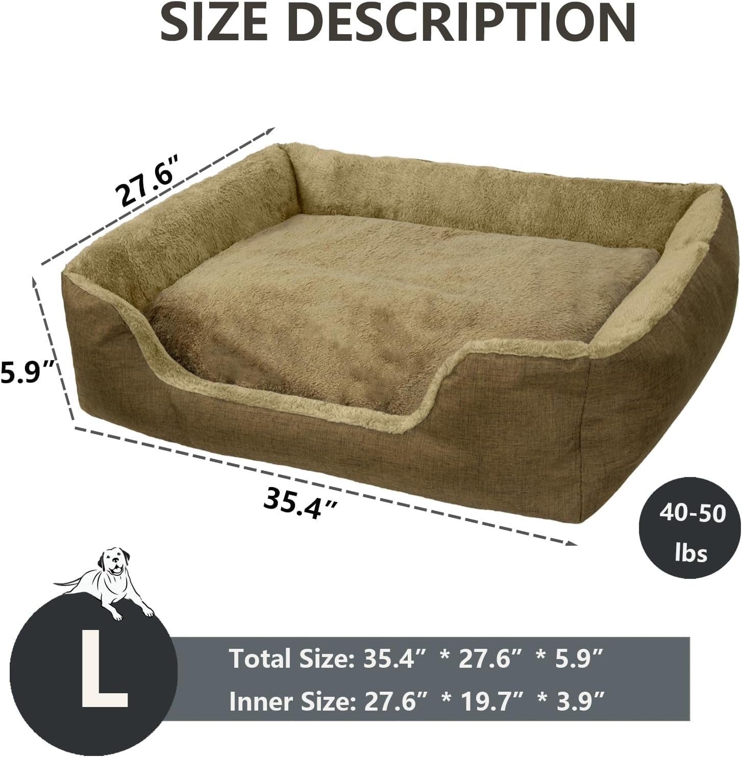 Dtxdtech Dog Beds for Large Dogs,35.4'' X 27.6'',Soft Cozy Pet Bed with Removable Washable Cover,Rectangle Dog Sofa with Non-Slip Bottom,Indoor Pet Pad for Multiple Colors,Large,Brown