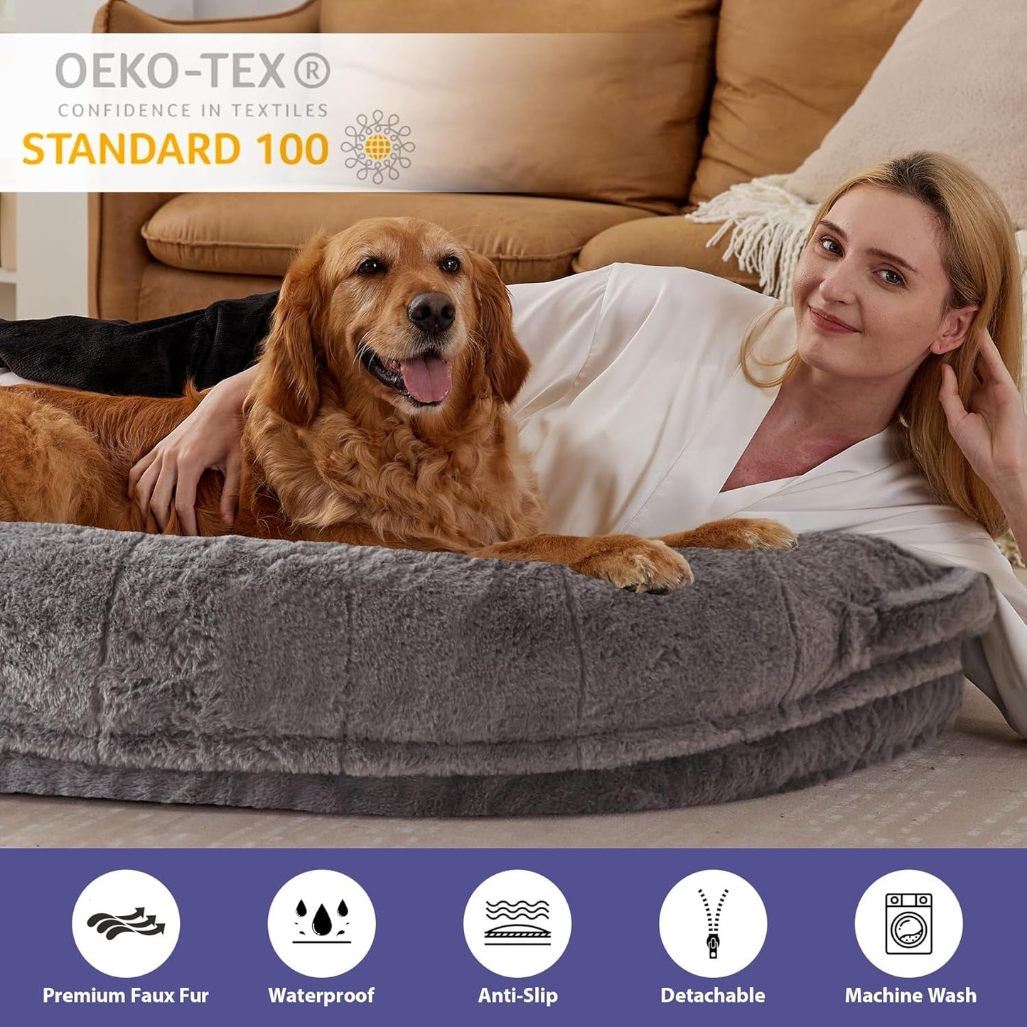 Human Dog Bed for Adult, Human Sized Dog Bed with Pillow and Blanket, Foldable Giant Dog Beds for Nap, Camping, Thickened Bottom,Fully-Enclosed,Grey, 71" X 46" X 9"