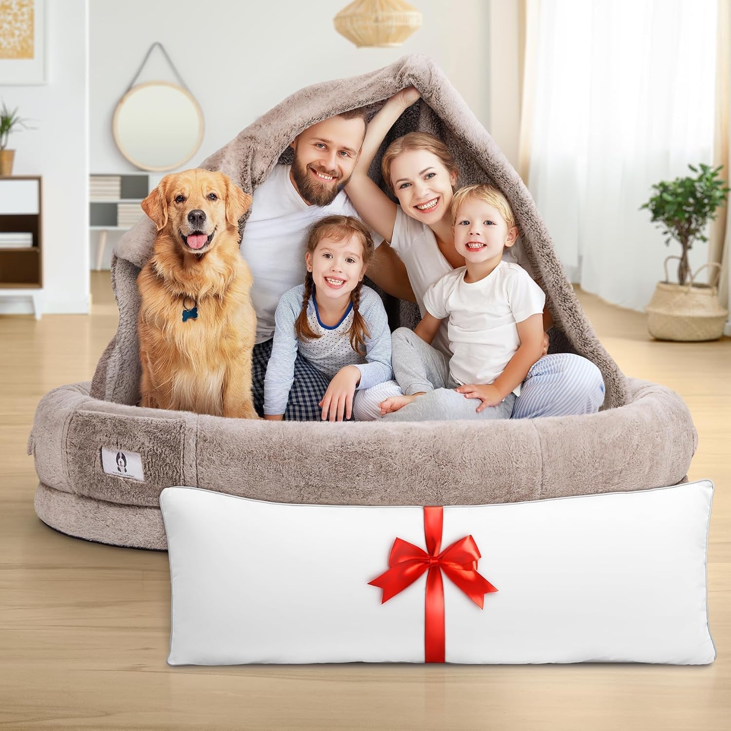 Human Dog Bed for Adults with Fluffy Blanket & Full Body Pillow, Comfy Giant Dog Bed for Humans, Pets Kids and Families, People Size Beanbag Orthopedic Nap Bed (Brown, Medium 67"38"X12")