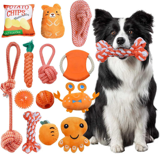 13 Piece Puppy Chew Toy Set, Interactive Squeaky Chew Toys for Medium, Small Dogs, Dog Rope Toys for Entertainment and Teeth Cleaning. Puppy Teething Toys, These Puppy Toys Keep Them Busy.