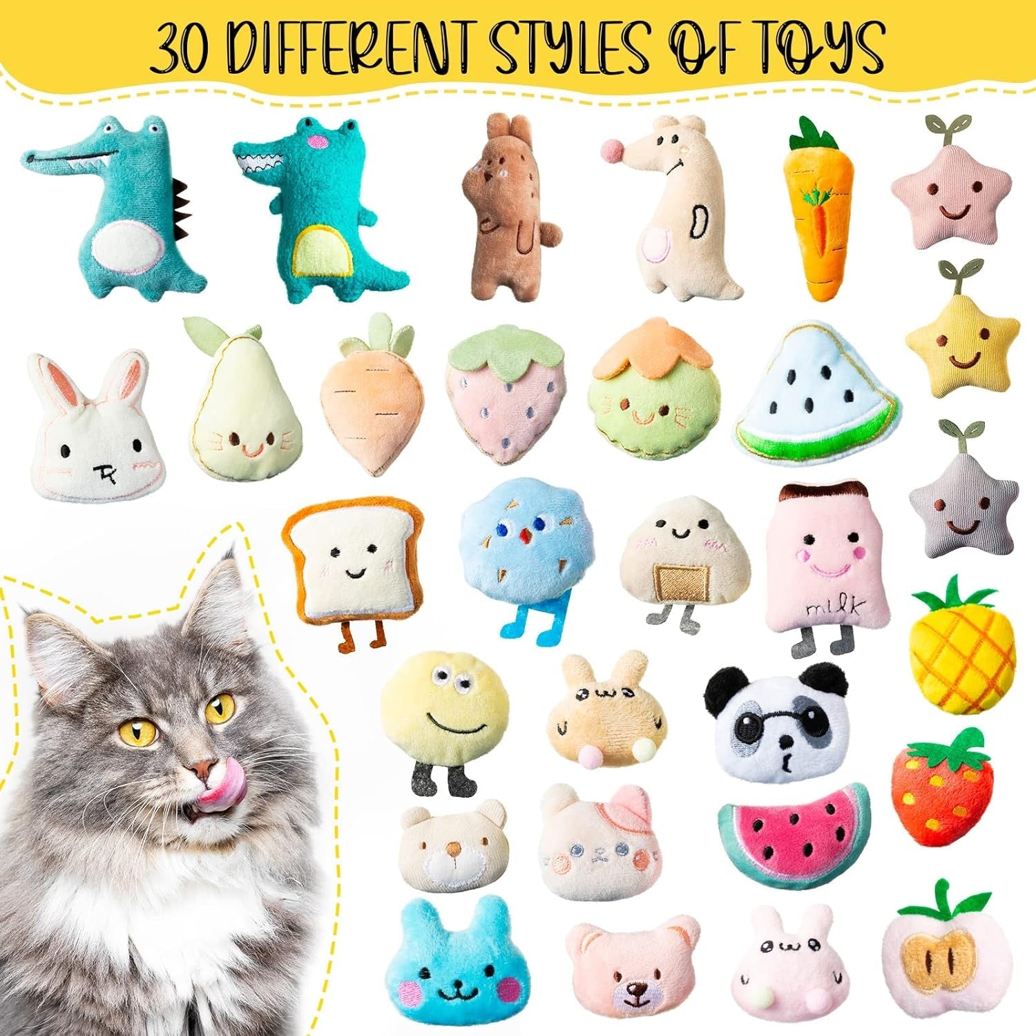 30 Pcs Catnip Toys for Indoor Cats Kitten Supplies Cute Cat Toys Interactive Catnip Filled Kitten Toys Plush Cat Chew Toy Kitty Toys Soft Kitten Teething Toys Pet Toy for Cat Dental Health, 30 Styles