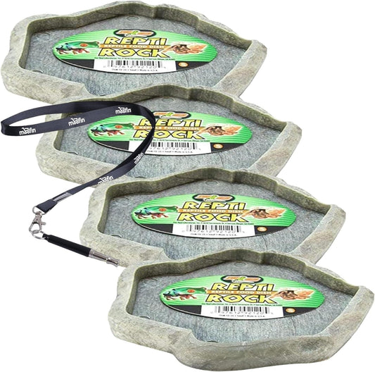 Zoo Med Repti Rock Food Dish 4-Pack, 4"X3" Natural Look Zoo Med Reptile Food Dish, Durable Small Reptile Feeder, Easy to Clean, Blends with Habitat + Moofin SS Pet Training Whistle, Compact Size