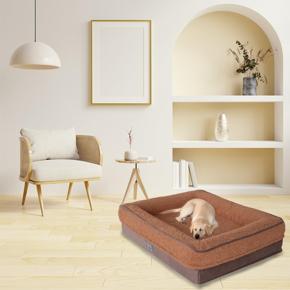 Memory Foam Dog Bed for Large Dogs. Waterproof Dog Sofa Bed Large, Supportive Foam Pet Couch Bed with Removable Washable Cover with Waterproof Cover and Non Skid Bottom, Brown