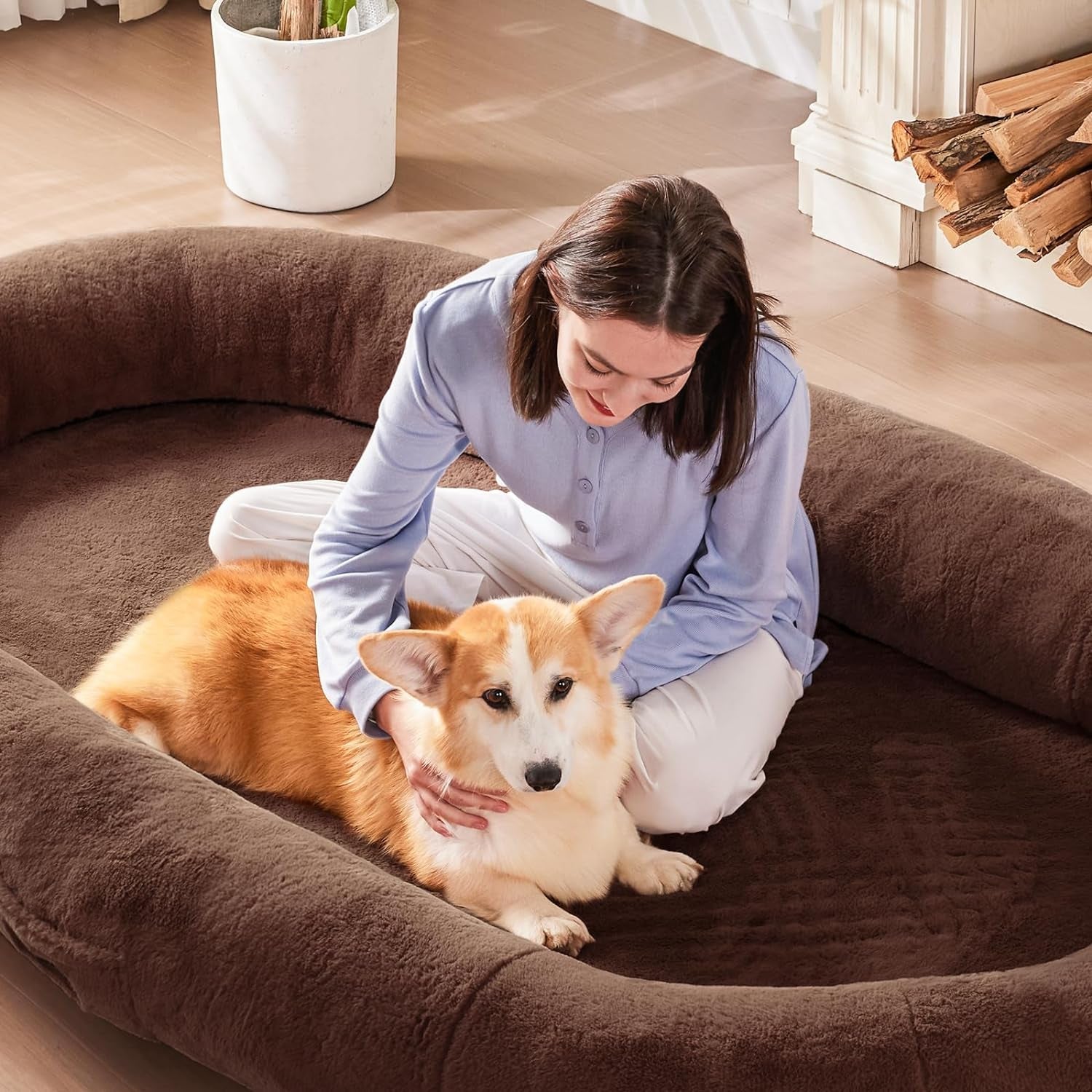 Human Dog Bed for People Adults, Giant Bean Bag Bed with Blanket 72"X48"X10", Washable Faux Fur Nap Bed Adult Oval for People, Removable Large Memory Foam Human Sized Dog Bed Brown