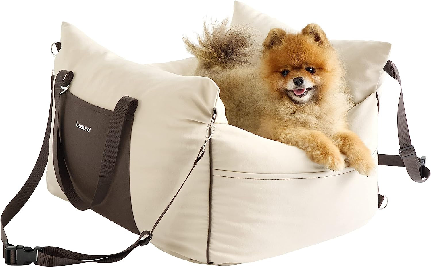 Lesure Small Dog Car Seat for Small Dogs - Sherpa Dog Booster Seat for Car with Storage Pockets and Clip-On Safety Leash and Thickened Memory Foam Filling, Puppy Travel Carrier Bed, Espresso