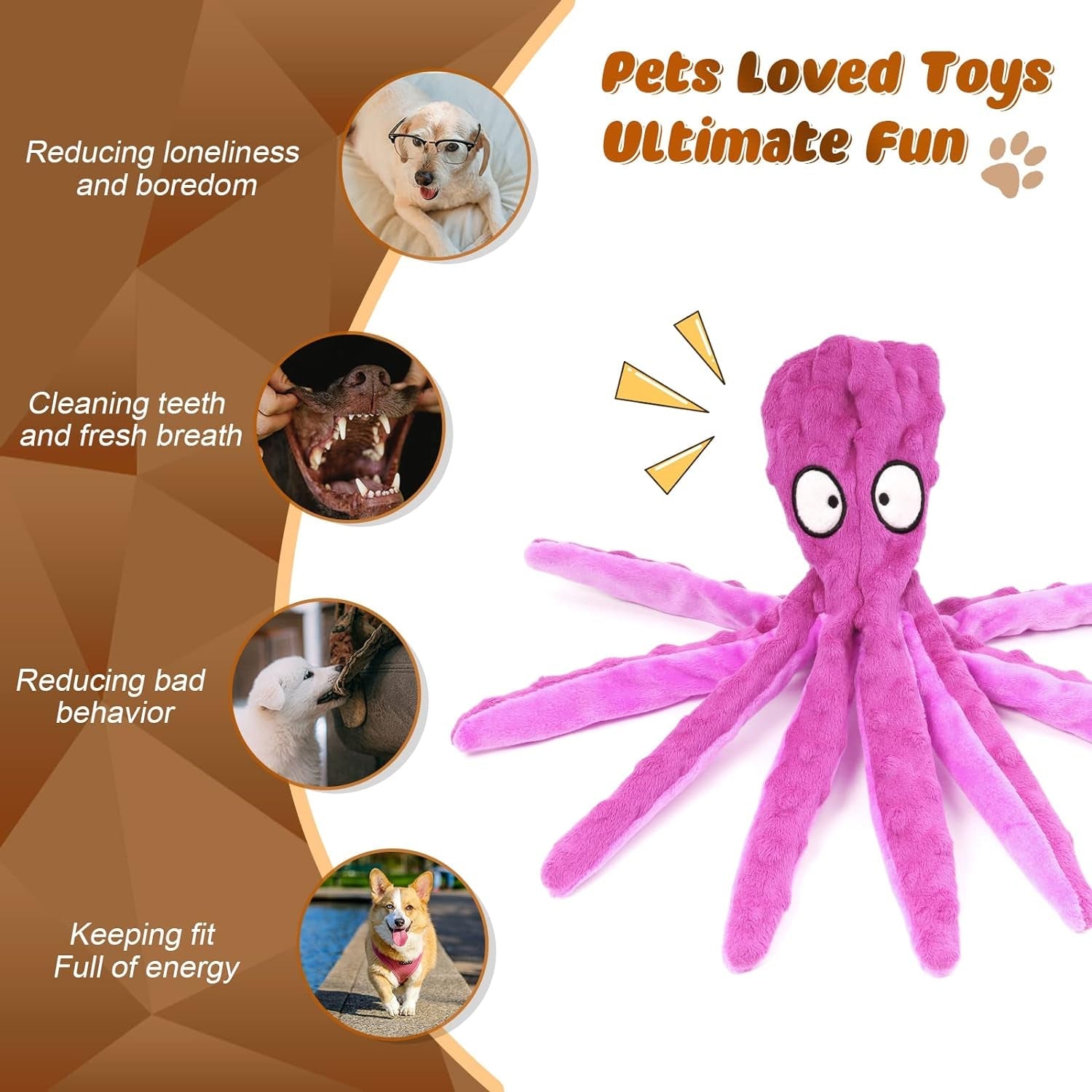 3 Pack Dog Toys for Small Dogs, Medium Dogs, Large Dogs, Puppy Teething Chew Toys, Aggressive Chewers, No Stuffing Crinkle Plush Dog Toys (Octopus)