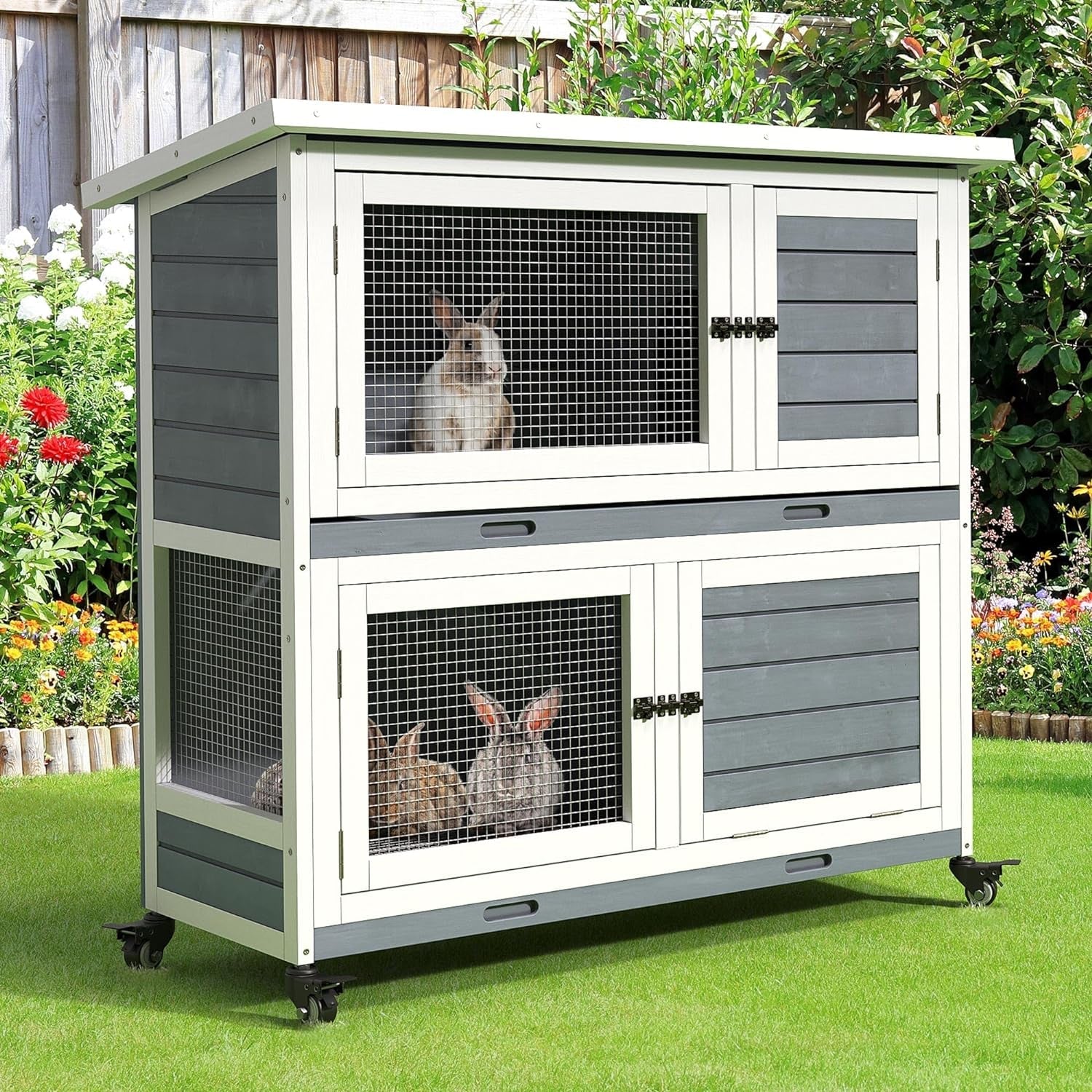 YITAHOME Rabbit Hutch Indoor Outdoor Bunny Cage Bunny House on Wheel, Wooden Rabbit House for Small Animals with Opening Roof, Removable Tray