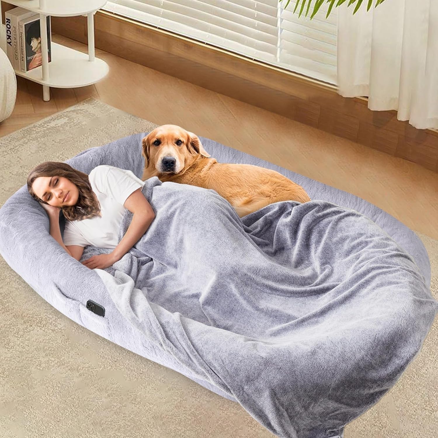 Human Dog Bed for Adult, 72" X48" X10" Giant Bean Bag Dog Bed, Removable Washable Faux Fur Dog Beds for Large Dogs,Human Size Dog Bed with Soft Blanket for Families,Pets