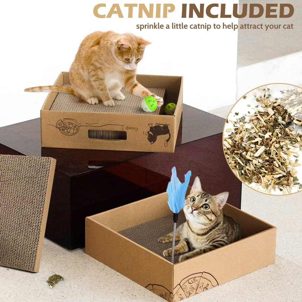 2 Pack Cat Scratcher Box with 3 PCS Scratching Pads, Reversible Corrugated Cardboard Lounge Bed with Feather Toy and Balls Recyclable Cat Scratcher Cardboard for Indoor Cats