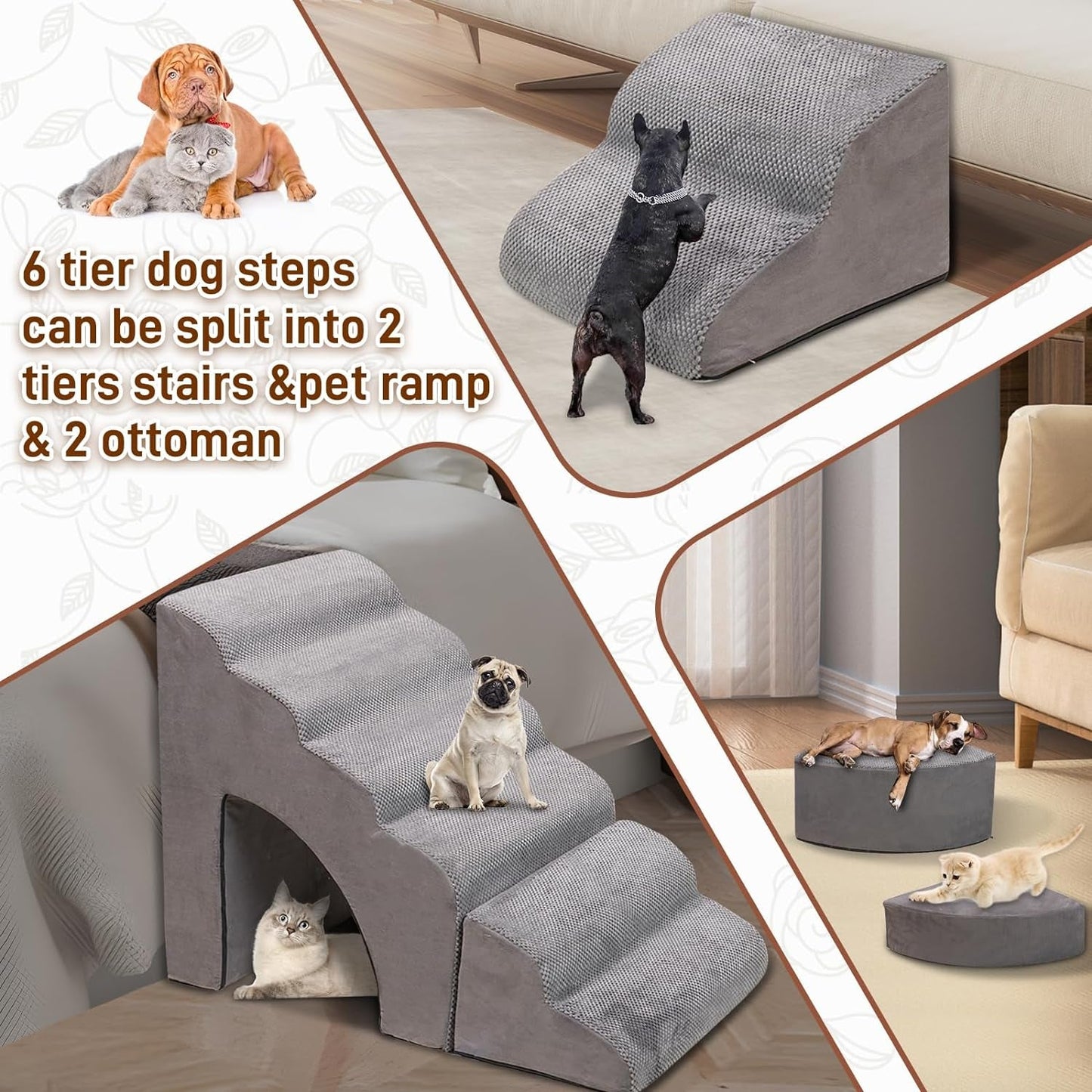 Foam Dog Stairs & Steps Ramps for High Beds 30-36 Inches High Tall, Litail 6 Step Pet Stairs/Steps for High Beds 30 Inch Large Dogs, Non-Slip Dog Ramps for Small Dogs, for Older Dogs/Cats Injured