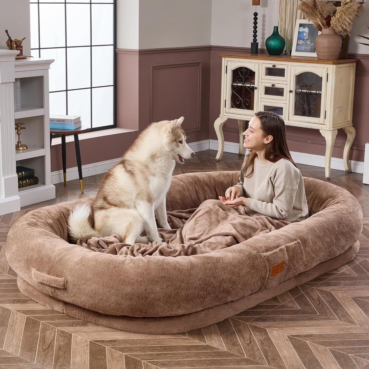 Human Dog Bed Adult Dog Bed Bean Bag Bed for Adults Giant Dog Bed Pet Beds for Large Dogs with Washable Faux Fur Cover Fluffy Dog Beanbeds(Brown)