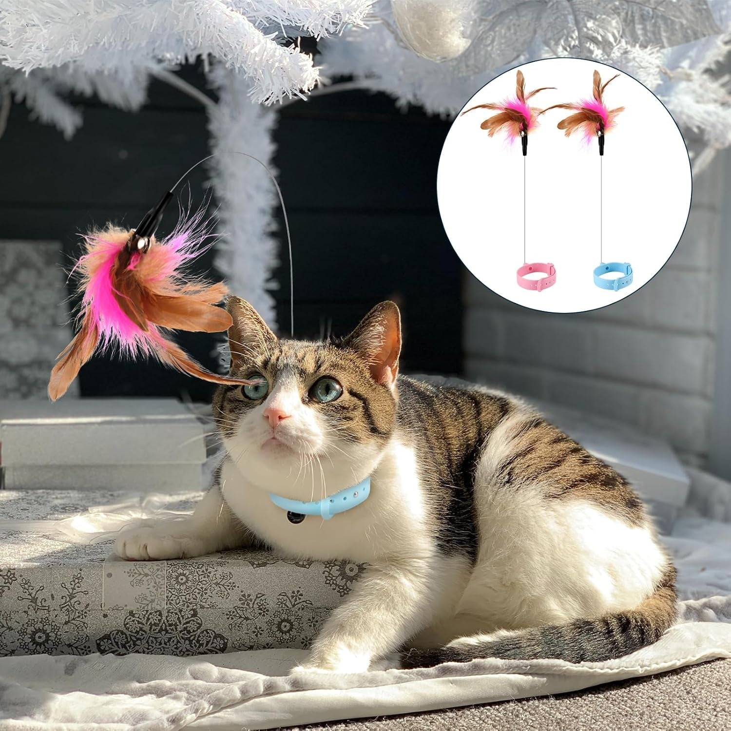 2Pcs Cat Collar Toy Attached, Silicone Cat Teasing Wand Adjustable Cat Feather Collar Toys with Bell Cat Interactive Teaser Toys for Indoor Cat Playing Training (Pink, Blue)