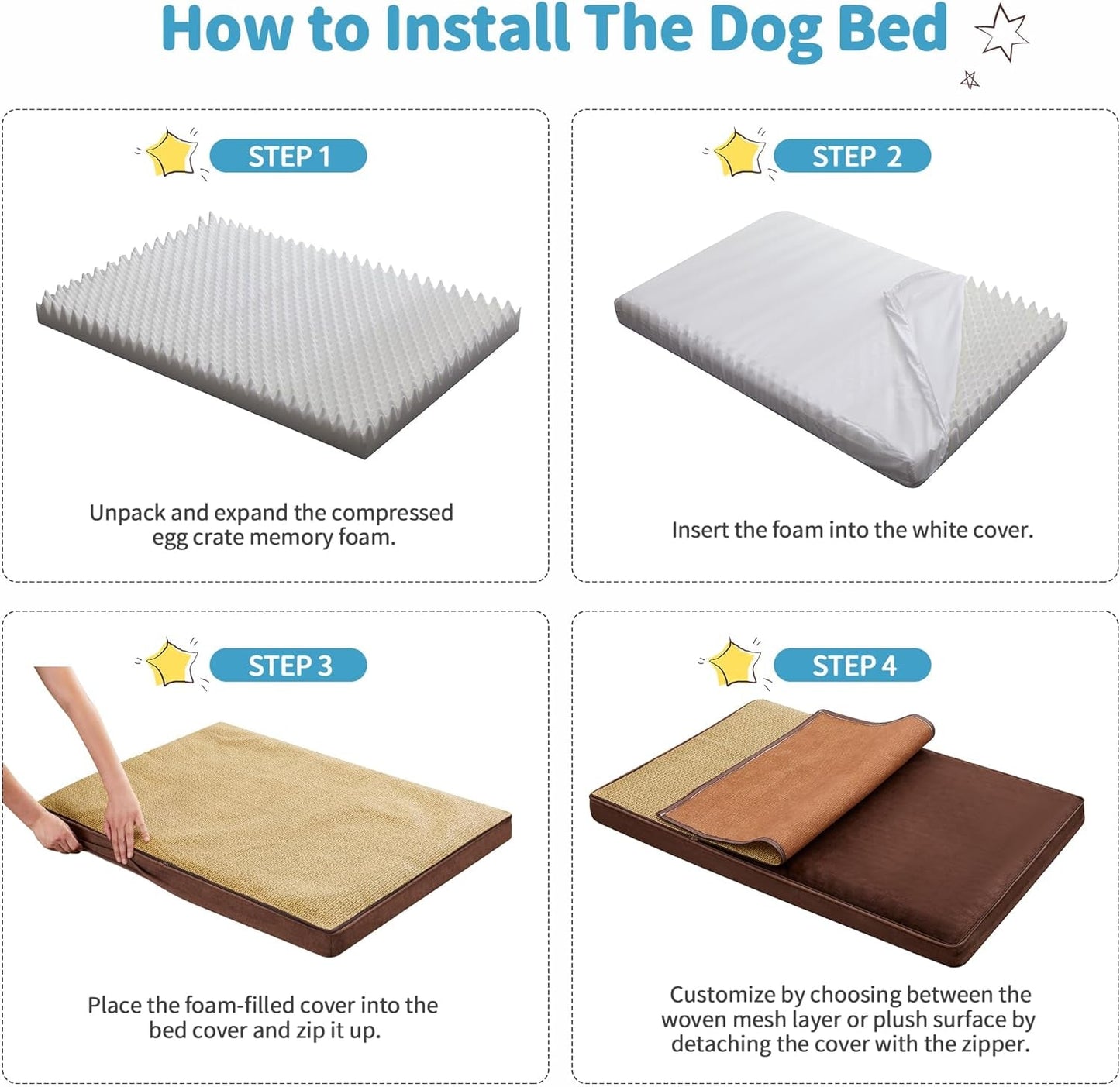 Made4Pets Dog Beds for Medium Dogs, Egg Memory Foam Large Dog Bed with Removable Cover, Waterproof Pet Bed Mattress for Large Cats, Washable Plush and Cool Cover, 34 X 25 Brown