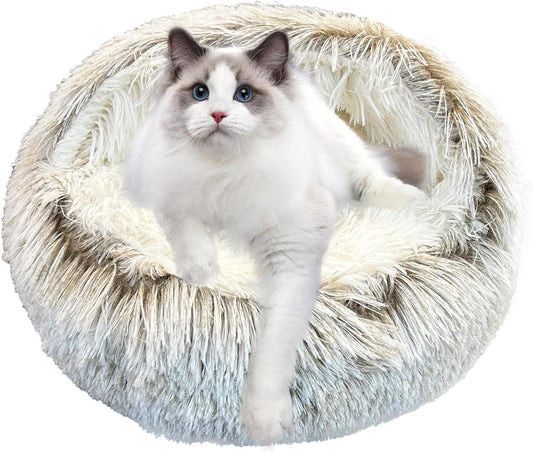 Calming Dog Beds & Cat Cave Bed with Hooded Cover, Anti-Anxiety Soft Plush Faux Fur round Beds for Puppies and Kitties, Cozy Warm Fluffy Sleeping Nest (Coffee)