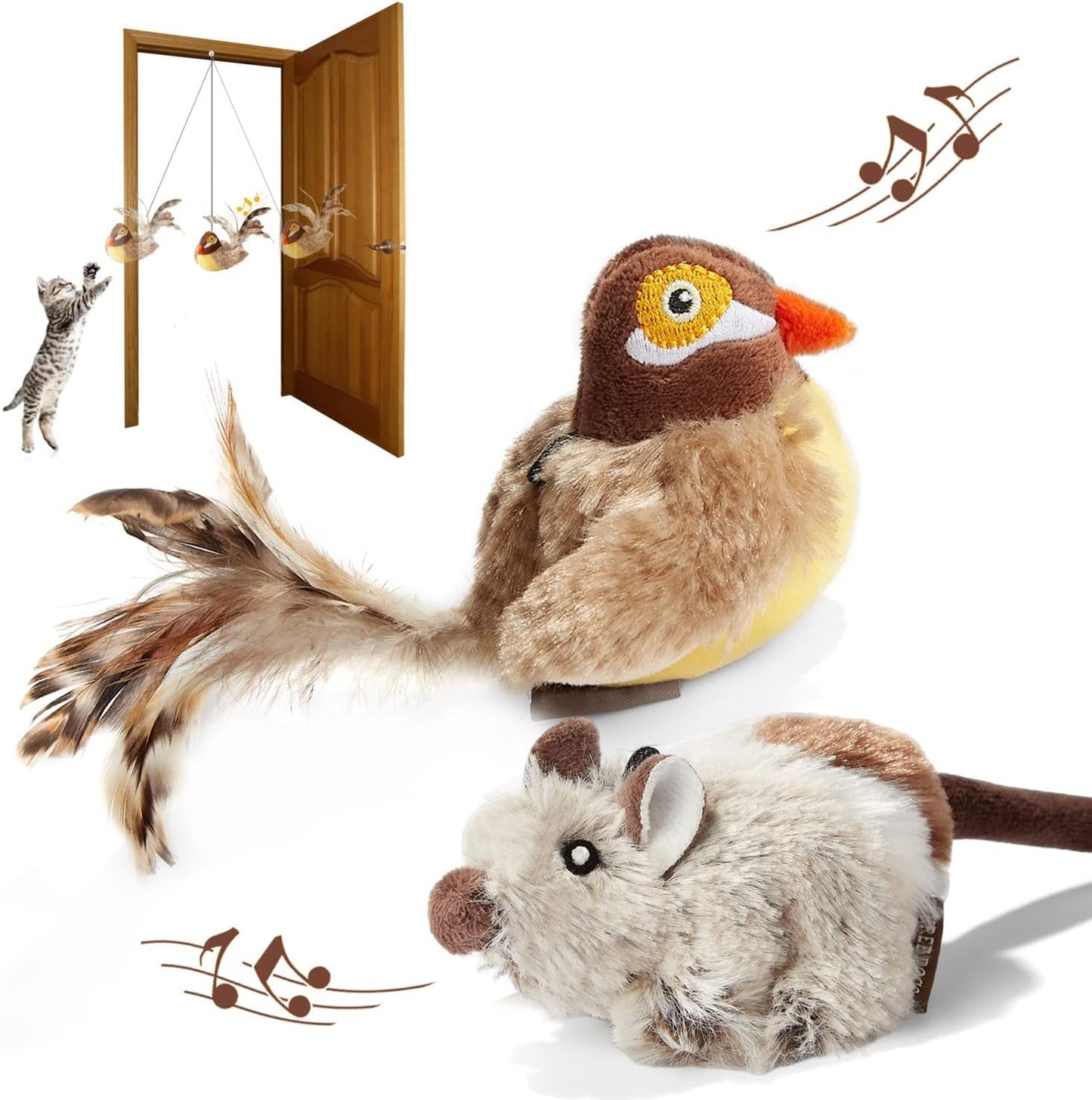 2 Pack Cat Toys, Interactive Hanging Door Cat Toy Pack for Indoor Cats Feather Plush Chirping Bird & Cat Squeak Mouse, Cute Kitten Mice Small Toys Set