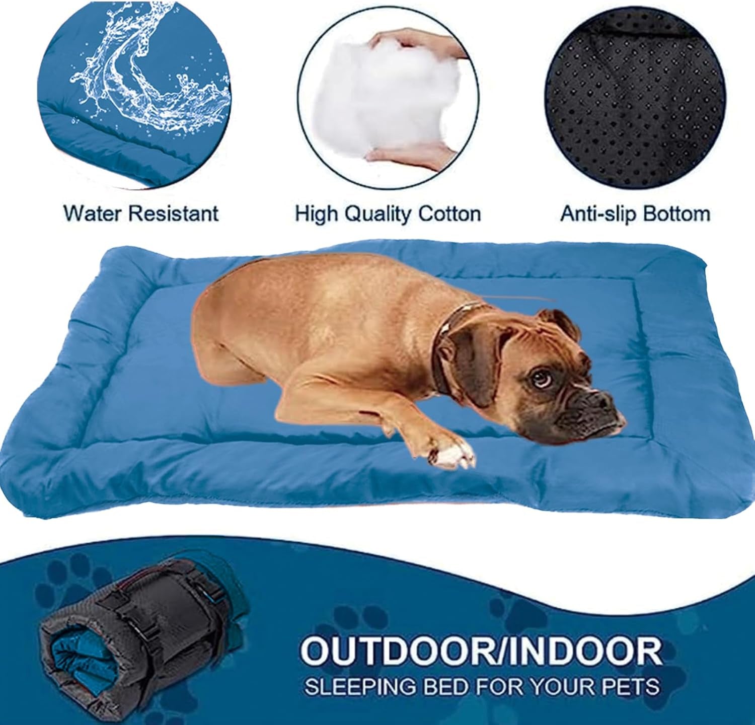 Chew Proof Dog Bed-Outdoor Travel Camping Dog Bed,Waterproof Ripstop 600D Nylon Fabric and Machine Washable,Indestructible and Easy to Clean Pet Bed Mat for Car,Sofa,Cage (Blue, Large)