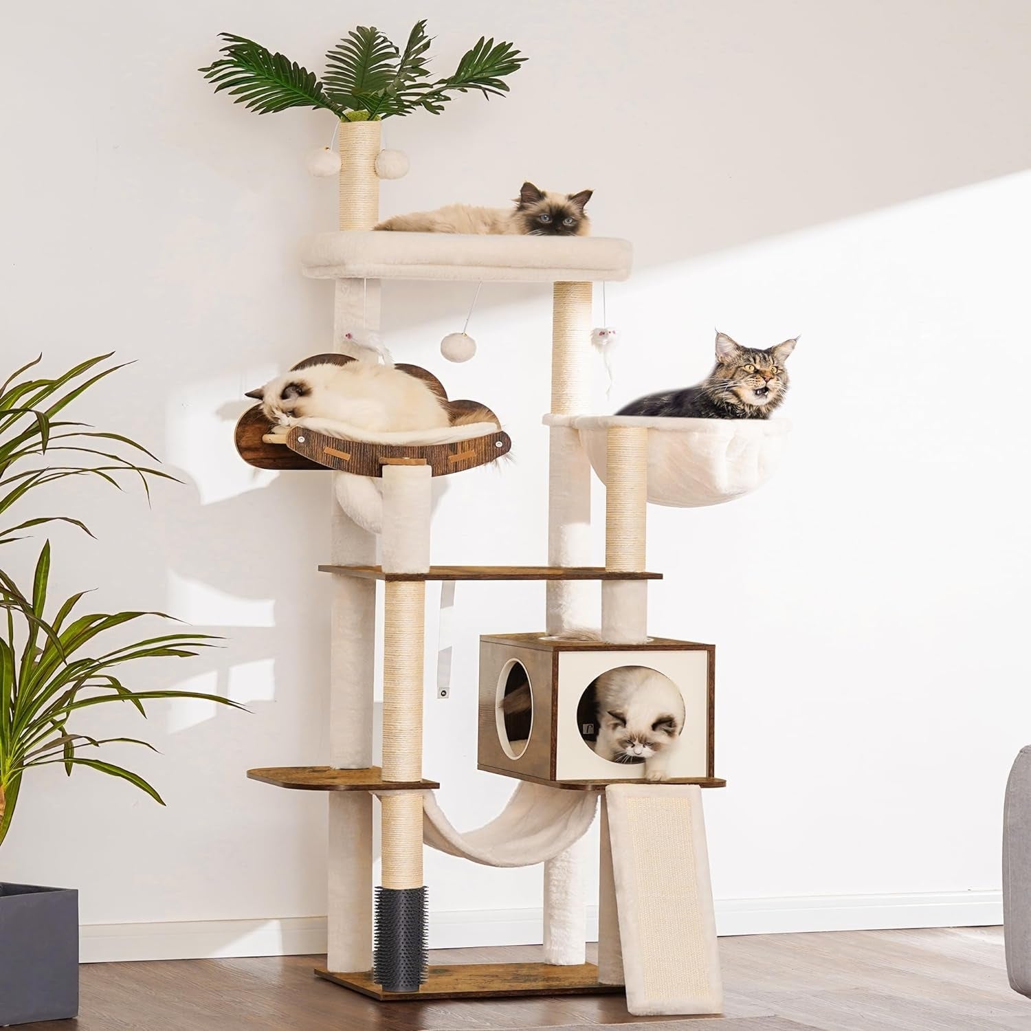 Hebly Wood Cat Tree for Indoor Cats, Cat Condo for Large Cats with Self Groomer,Modern Cat Scratching Tower with Basket,Hammock,Dangling Ball and Leaves,Rustic Brown HCT120SR