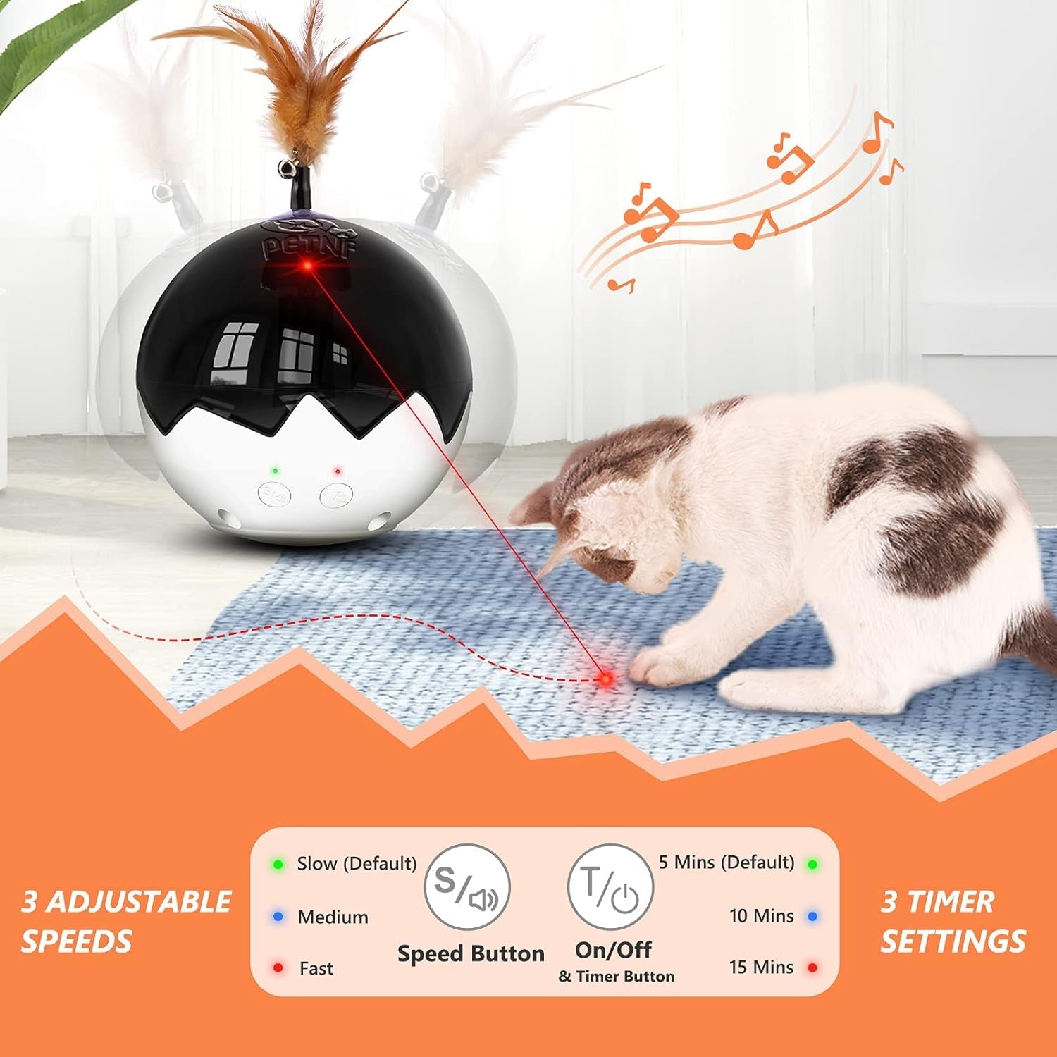 2021 Newest Cat Laser Toy,3 in 1 Interactive Tumbler Ball,Laser and Feather Toys for Pet Automatic Kitten Chaser Toy Indoor,Electronic Real Mice Sound,3 Speeds,3 Timers,Irregular Circle,Rechargeable