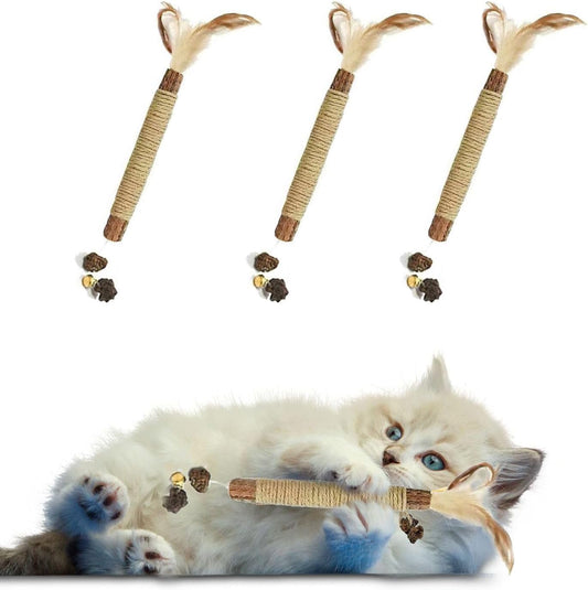 3Pcs Natural Silvervine Sticks Catnip Chew Toys for Cats,Teeth Cleaning Cat Chew Toys Feather Sticks,Toys for Indoor Cats,Increase Appetite Calm Cat Anxiety and Stress(Brown)