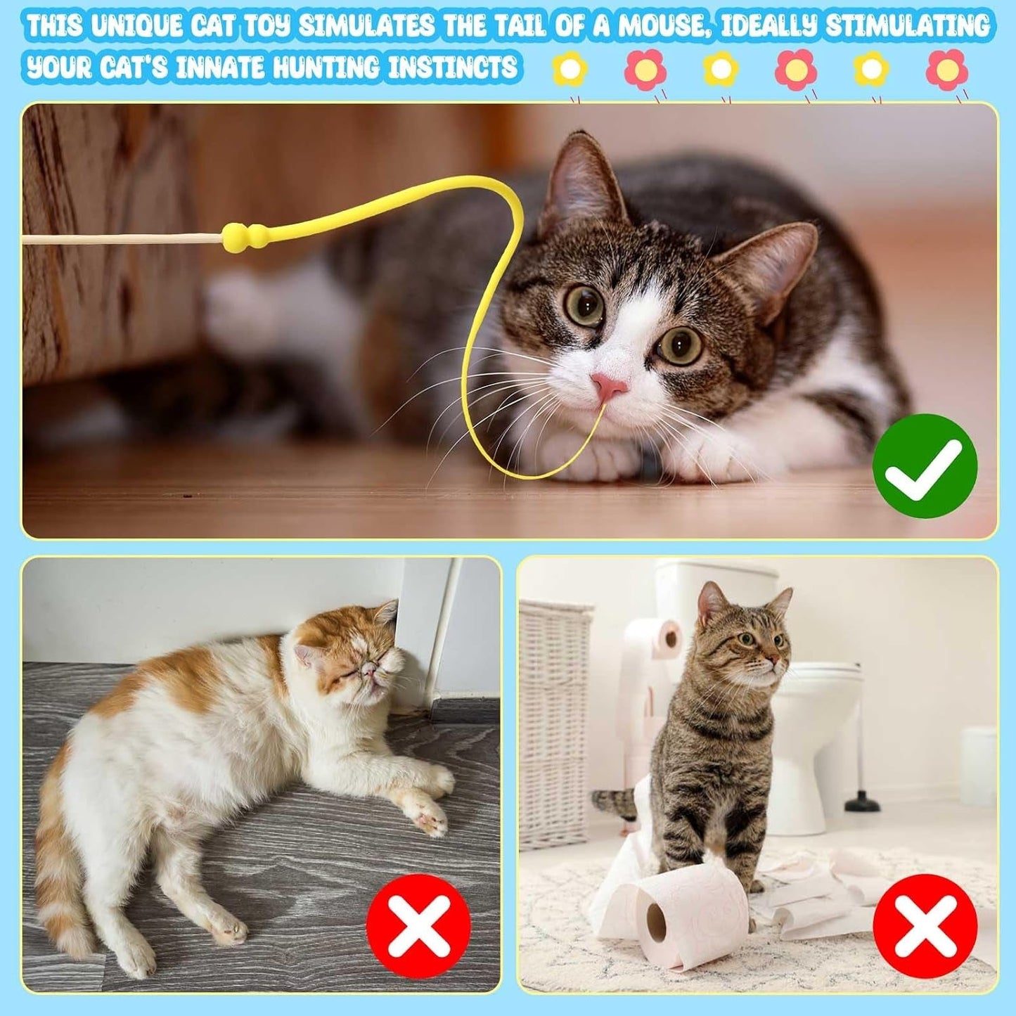 2 Pcs Cat Toy Bamboo Cat Teaser Wand with 4 Replaceable Silicone Mimicking Animals Swing Tail Interactive Cat Toys for Bored Indoor Adult Cats Chase and Exercise