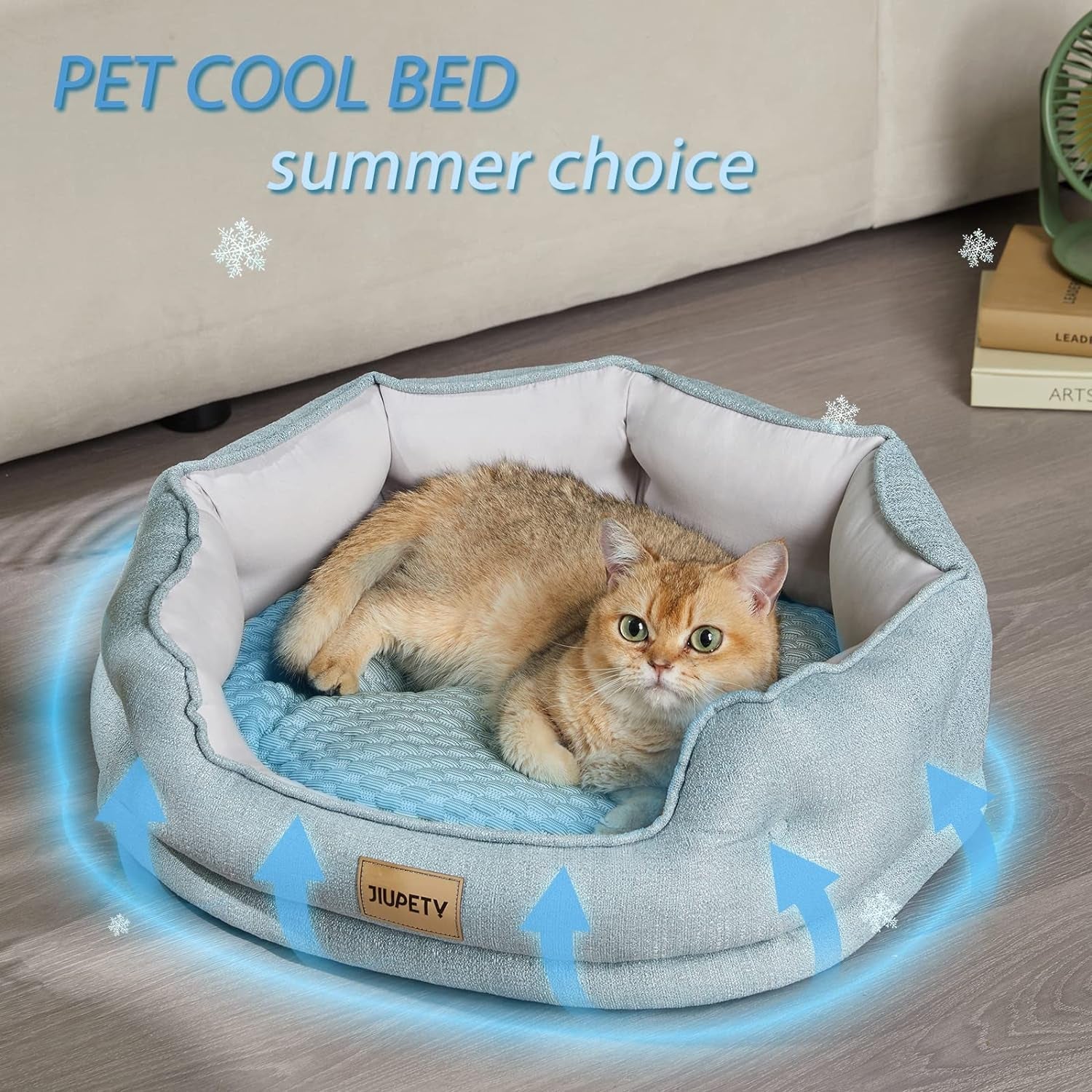 Jiupety Cooling Bed for Indoor Cats with Summer Cooling Mat, round Cozy Small Dog Bed Made of Luxury Fabrics, Keeping Cooling for Kitten and Puppy, M (20"×19"×6"), Green.