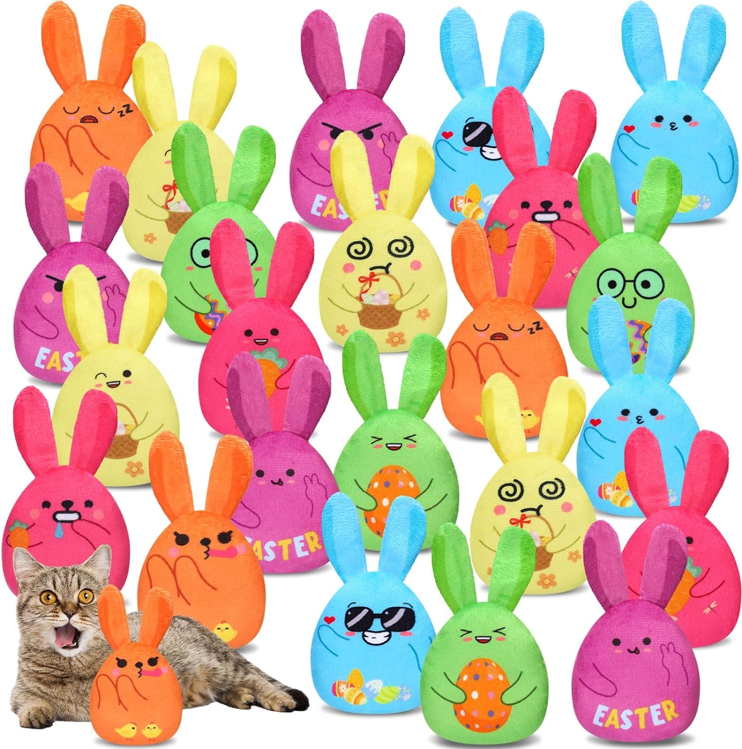 24 Pack Easter Cat Catnip Toys Chew Plush Bunny Toys Bulk Rabbit Cat Interactive Toys Boredom Relief Cat Toys Soft Teething Supplies Cat Chew Toys for Teething Chewing, Easter Pet Gift Set