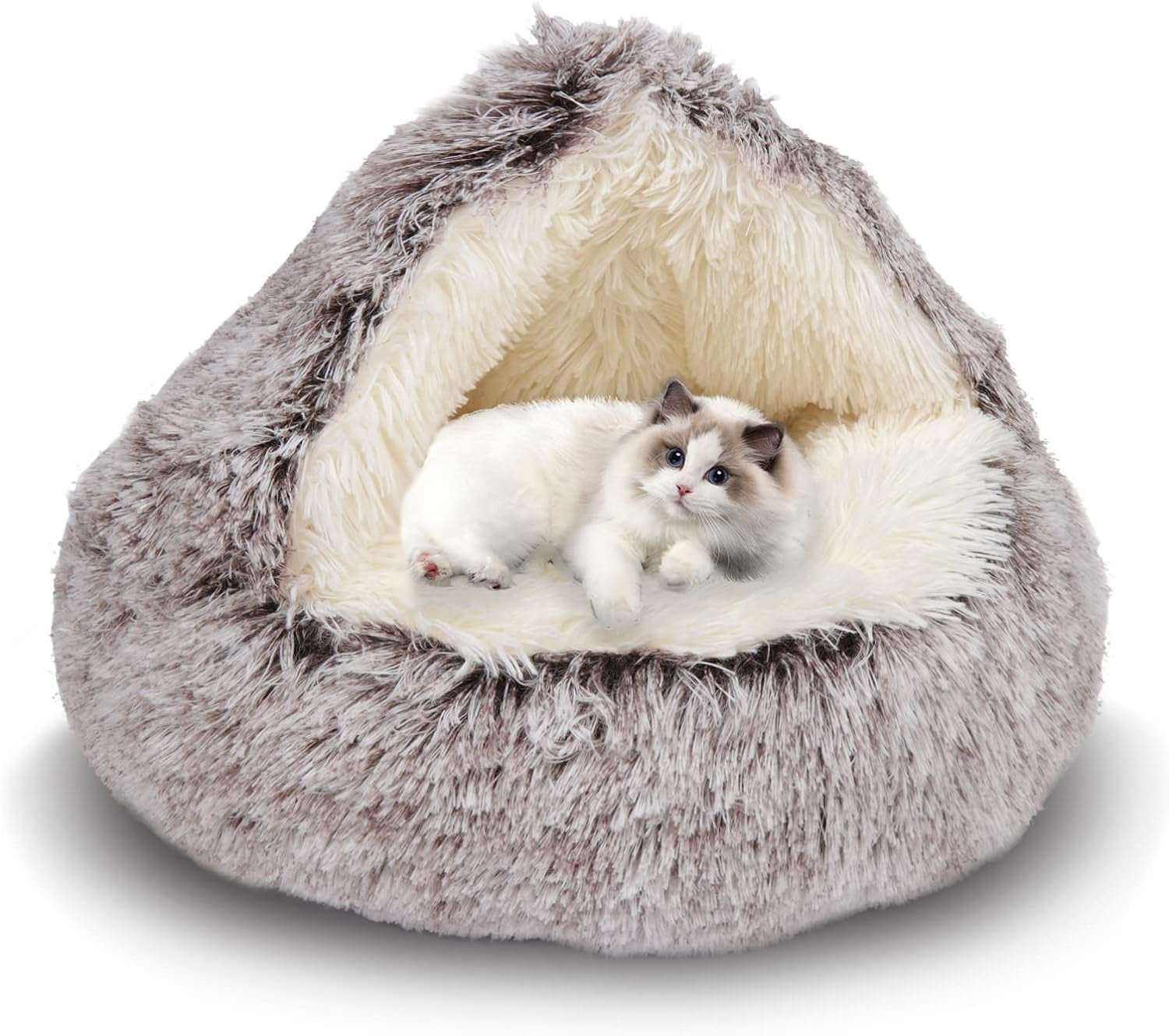 Cat Bed round Plush Fluffy Hooded Cat Bed Cave, Cozy for Indoor Cats or Small Dog Beds, Soothing Pet Beds Doughnut Calm Anti-Nxiety Dog Bed - Waterproof Bottom Washable (26×26Inch, Coffee)