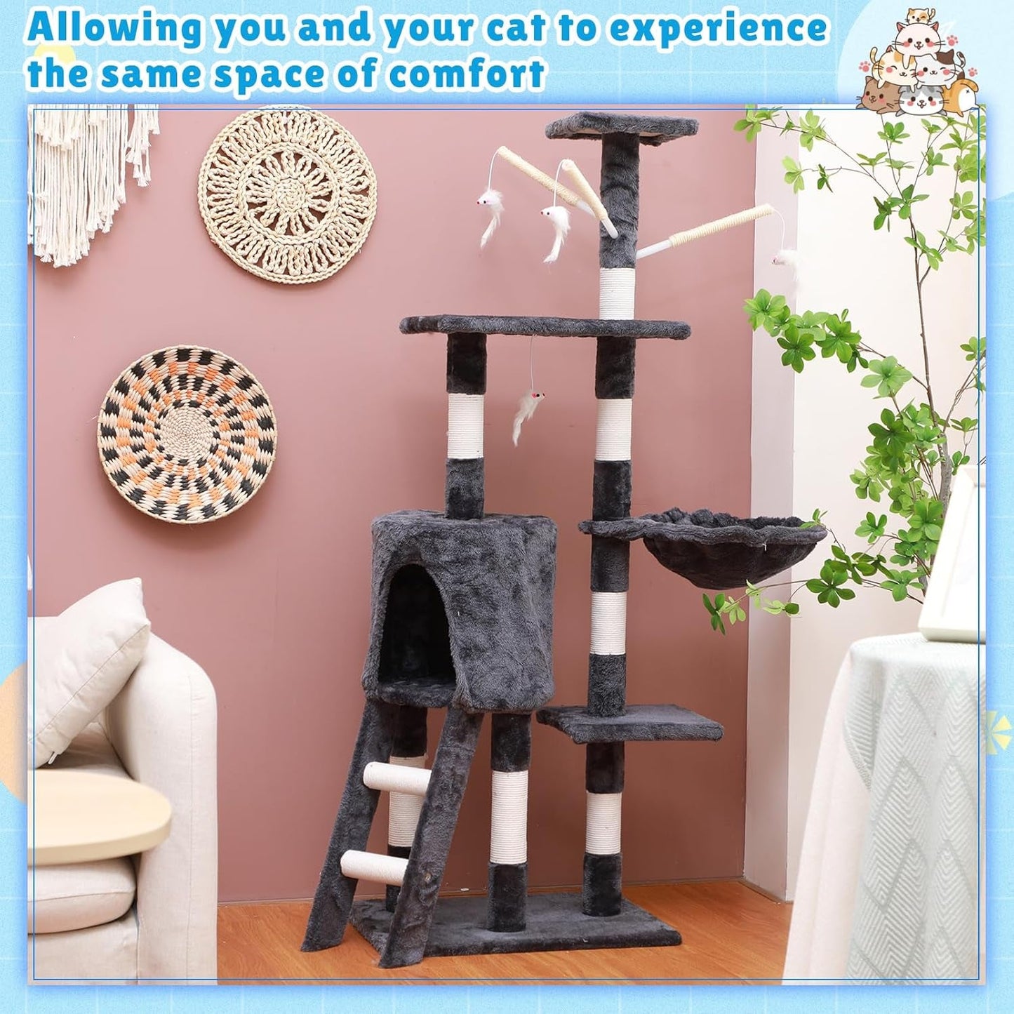 2 Pack Cat Tree, 54.3" Cat Tree Tower for Indoor Cats, 5 Floor Tall Velvet Cat Tree Tower Modern Cat Activity Center Play Tower with Cat Condo Perches Hammock Scratching Posts Funny Cat Stick