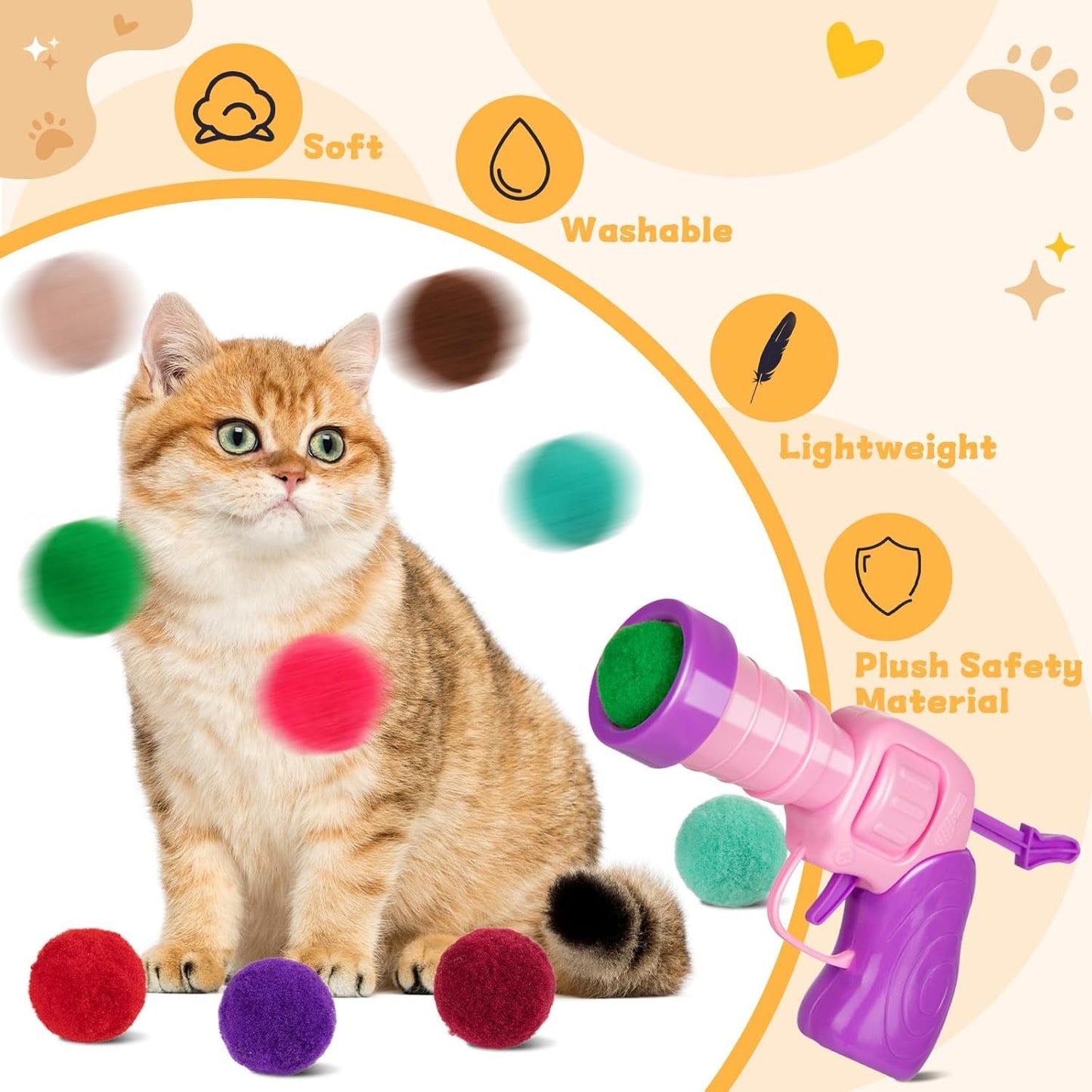 4 Pcs Cat Ball Launcher, Interactive Cat Toy with 100PCS Cat Pompom Balls, Cat Toy Ball Launcher Gun for Cats, Cat Toys Interactive for Training, Playing, Funny Game