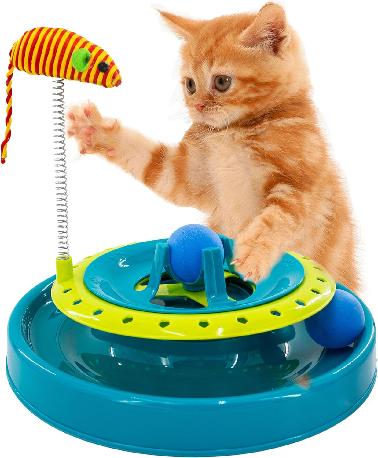 360 Interactive Cat Mouse Track Toy - Rolling Ball & Toy Spring Catnip Mouse - Cat Track Play Ball for Indoor Cats, Non-Slip Base, Spring-Loaded Mouse