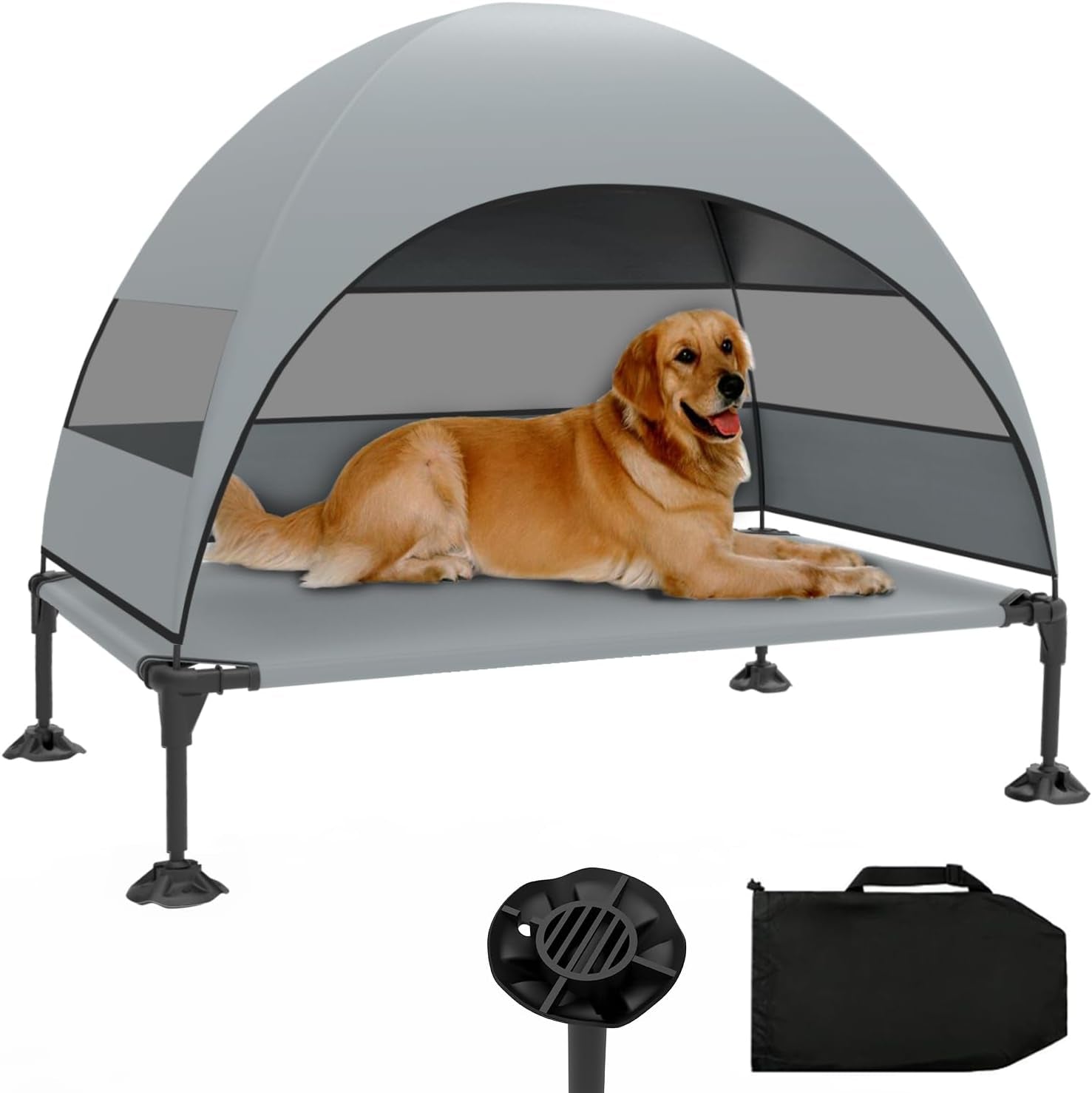 Elevated Dog Bed with Canopy, Raised Outdoor Dog Cot with Stable Anti-Slip Feet, Pet Bed with Removable Canopy Shade Tent, Dog Bed for Large Dog Indoor Outdoor (Grey, 42.0" L X 30.0" W X 33.0" Th)