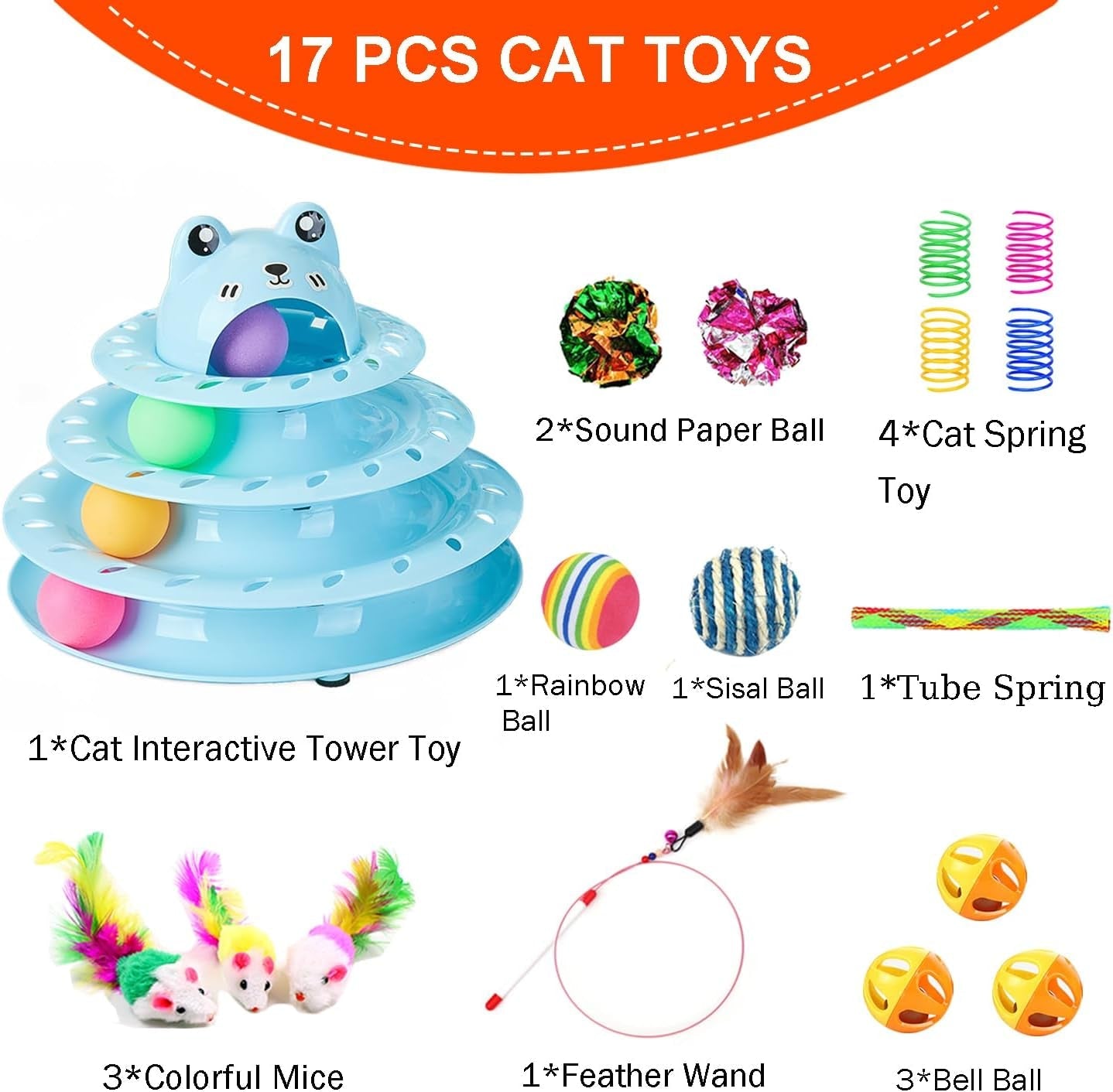 17 Pack Cat Toys, 4-Level Turntable Ball Track Interactive Cat Toy for Indoor Cats, Self Play Fun Roller with Colorful Rotating Ball Puzzle Exercise Kitten Toys Set