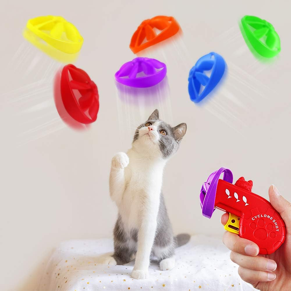 2 Pack Cat Fetch Toy,Fun Interactive Dog Cat Kitten Tracks Toy with 5 Colors Flying Propellers for Pet Training Exercise,Hunting,Chasing,Batting