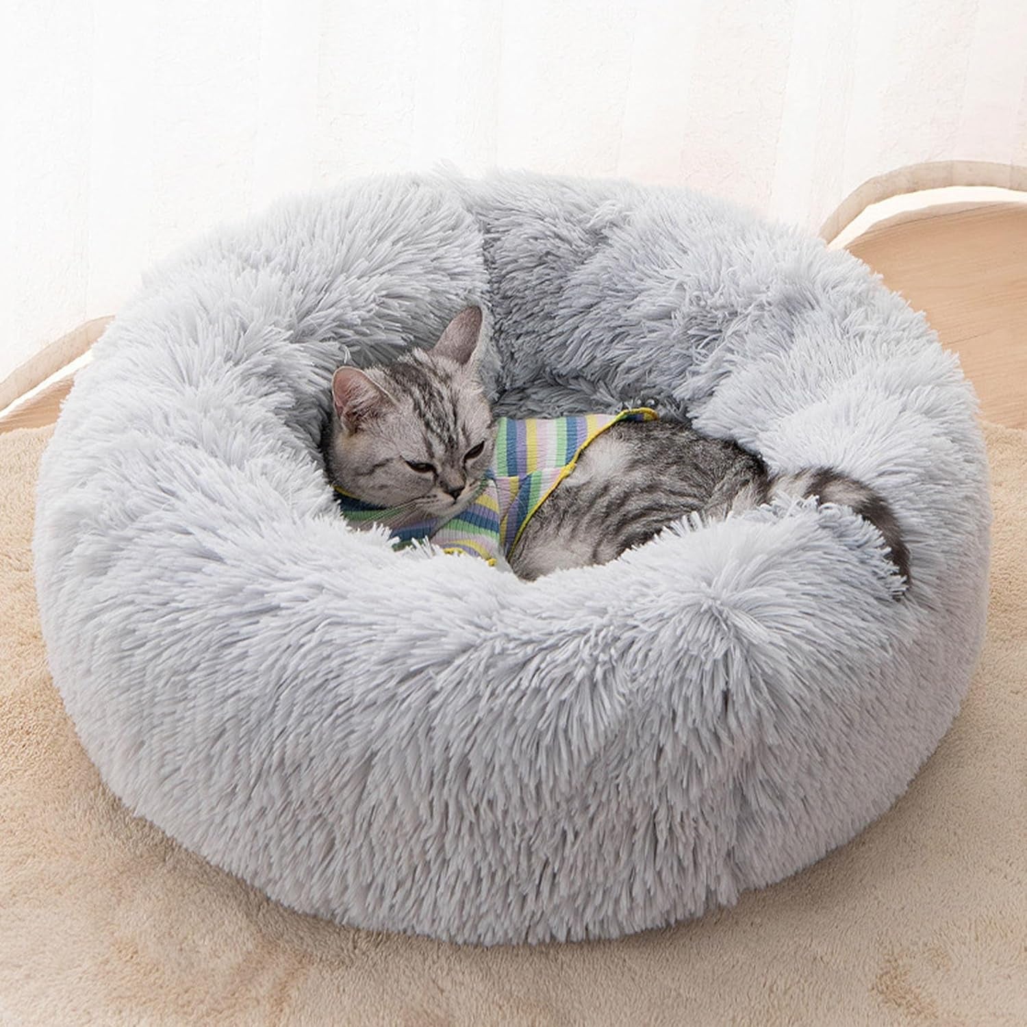 Cat Beds for Indoor Cats, 20 Inches Cat Bed Fluffy round Dog Bed Calming Soft Plush Donut Cat Bed Anti-Slippuppy Pet Bed Cat Beds for Small Medium Dogs Kittens (Grey)